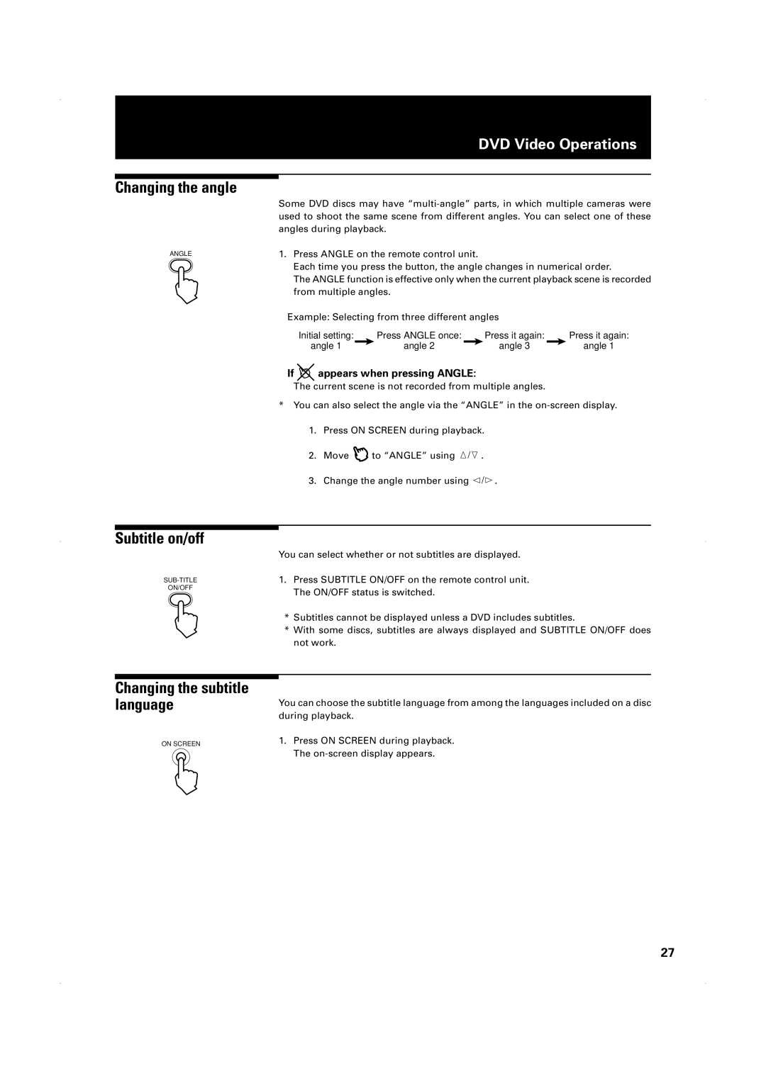 JVC XV-1000BK manual Changing the angle, Subtitle on/off, Changing the subtitle language, If appears when pressing Angle 