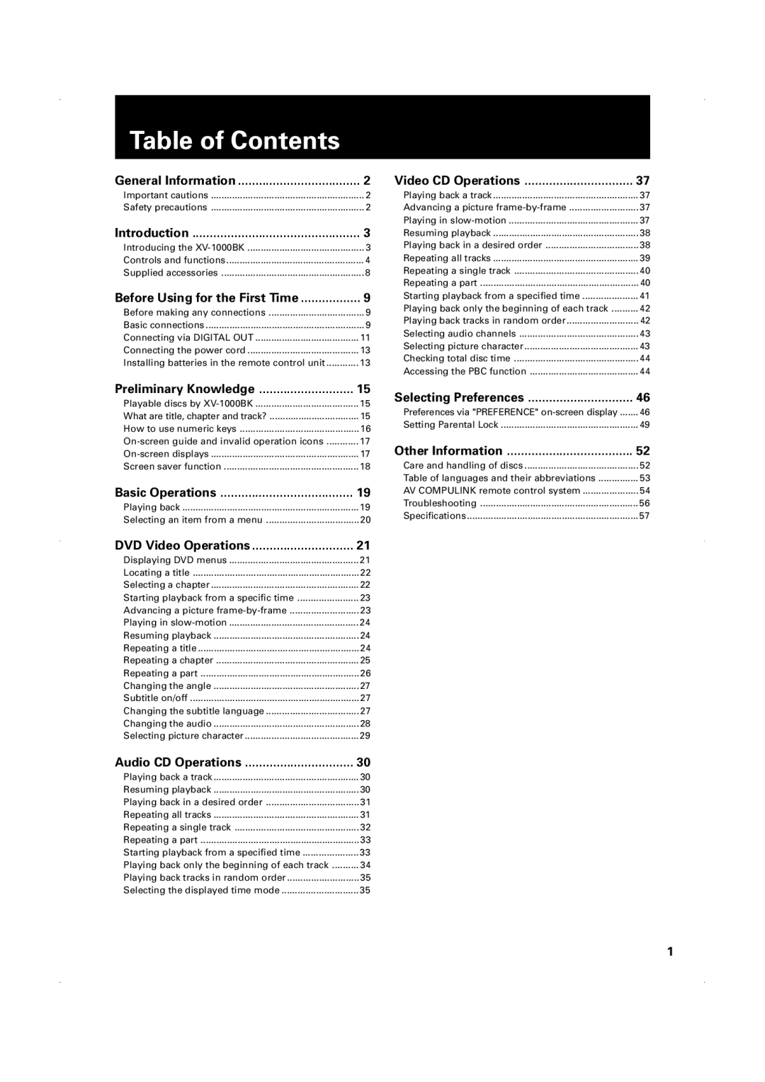 JVC XV-1000BK manual Table of Contents 