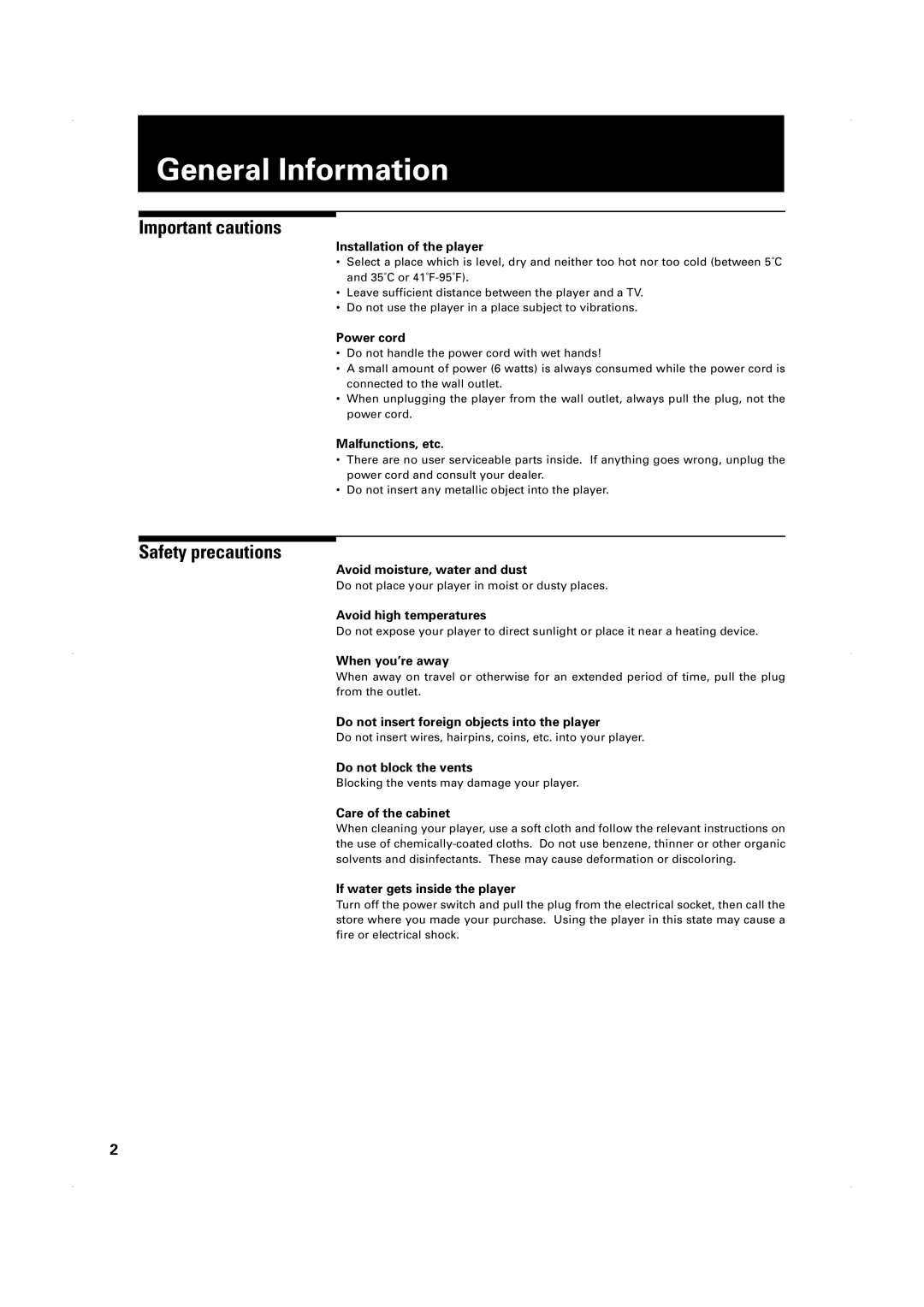 JVC XV-1000BK manual General Information, Important cautions, Safety precautions 