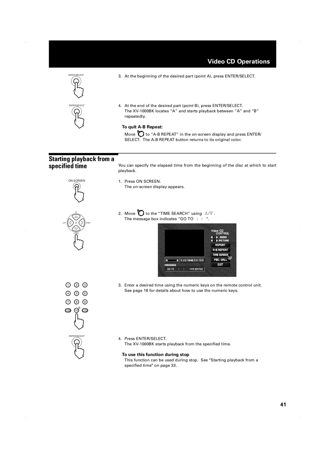 JVC XV-1000BK manual Starting playback from a specified time, To use this function during stop 