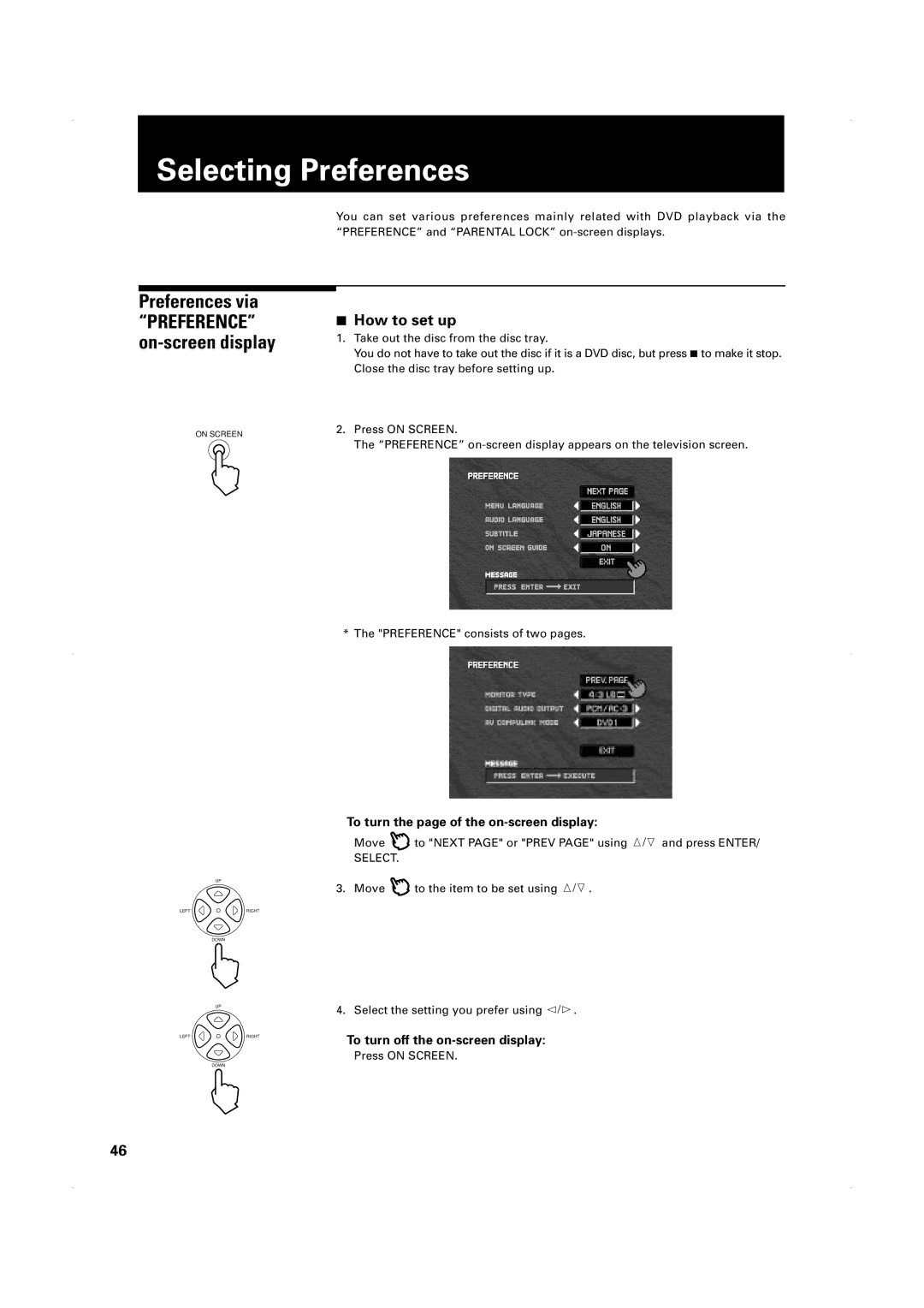 JVC XV-1000BK manual Selecting Preferences, Preferences via, Preference on-screen display, How to set up 