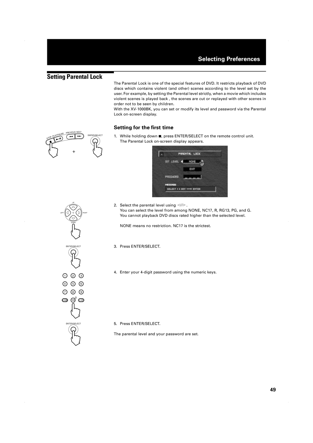 JVC XV-1000BK manual Setting Parental Lock, Setting for the first time 