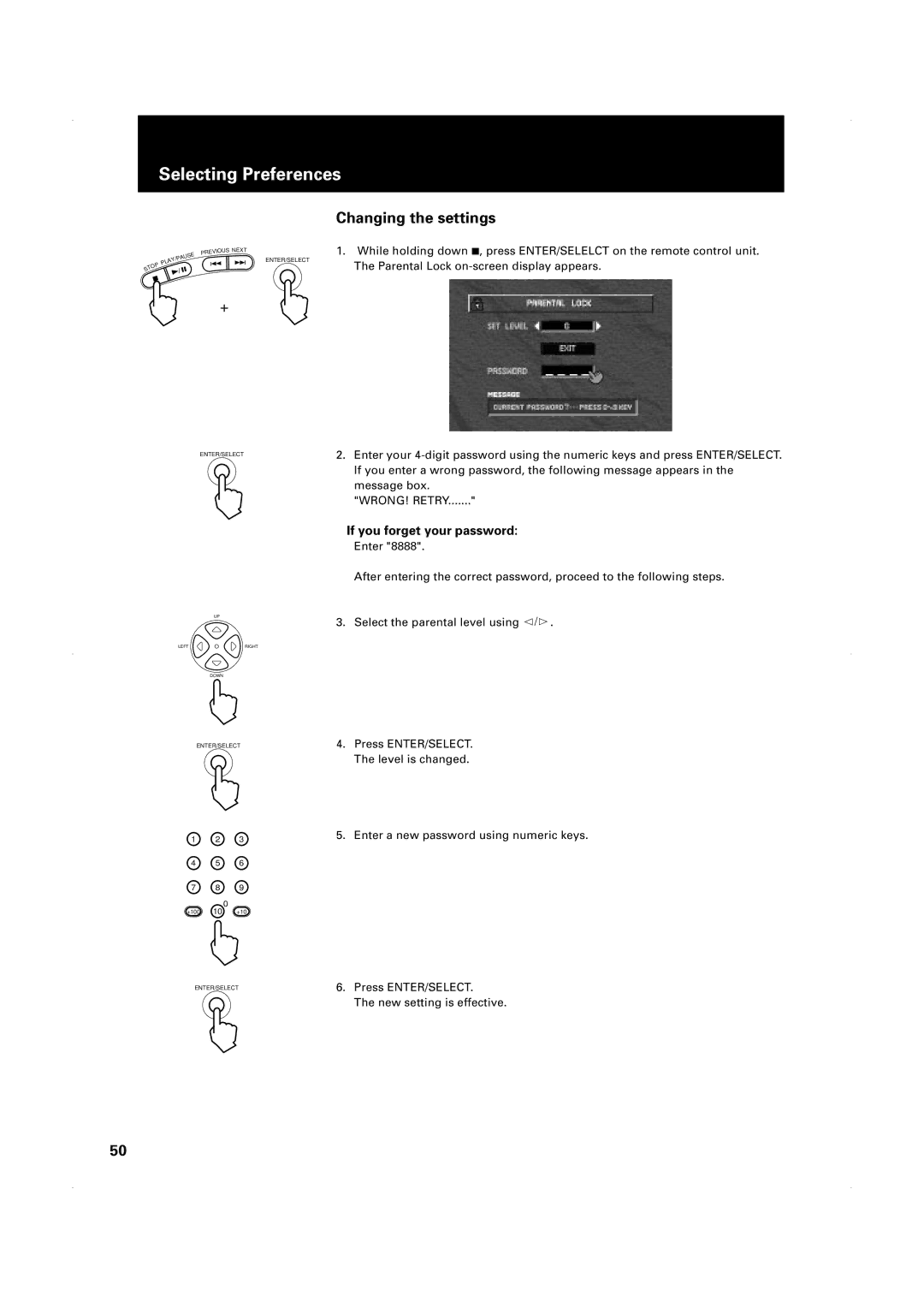 JVC XV-1000BK manual Changing the settings, If you forget your password 