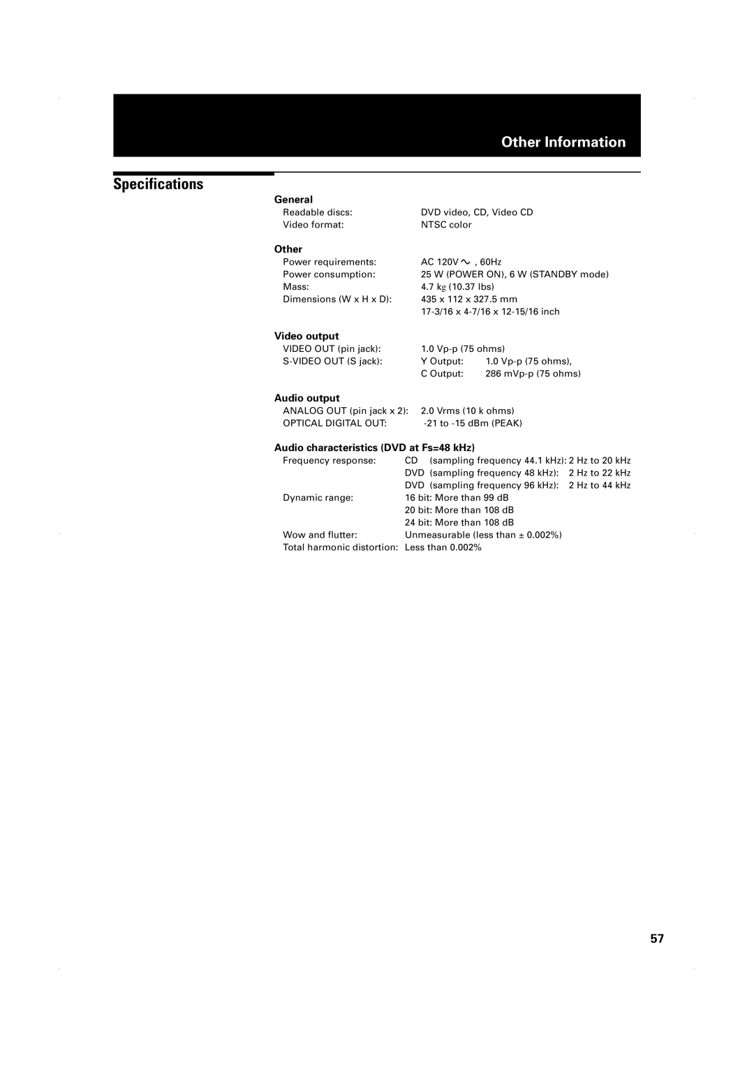 JVC XV-1000BK manual Specifications 