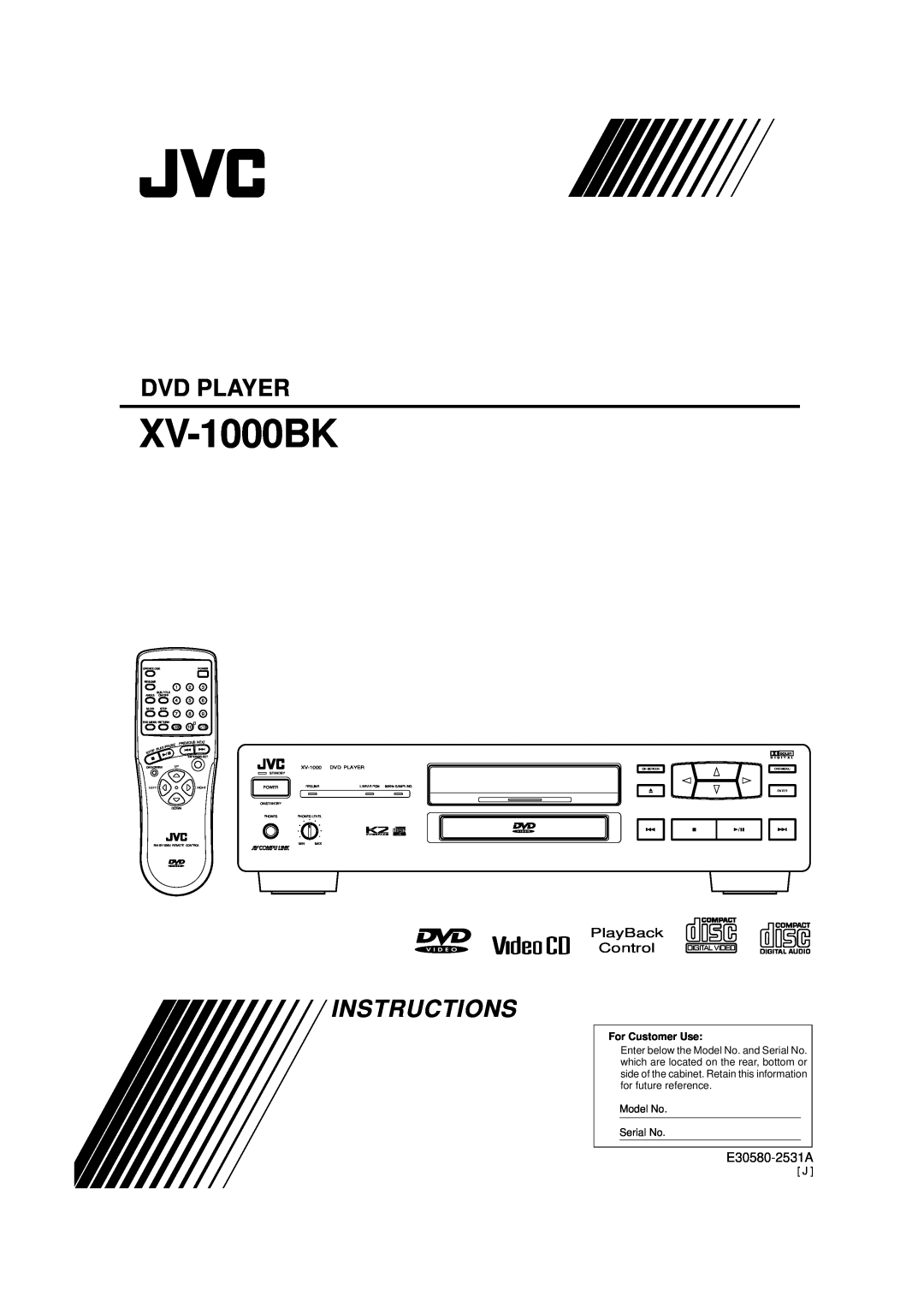 JVC XV-1000BK manual Dvd Player, Instructions, PlayBack, Control, E30580-2531A, For Customer Use 