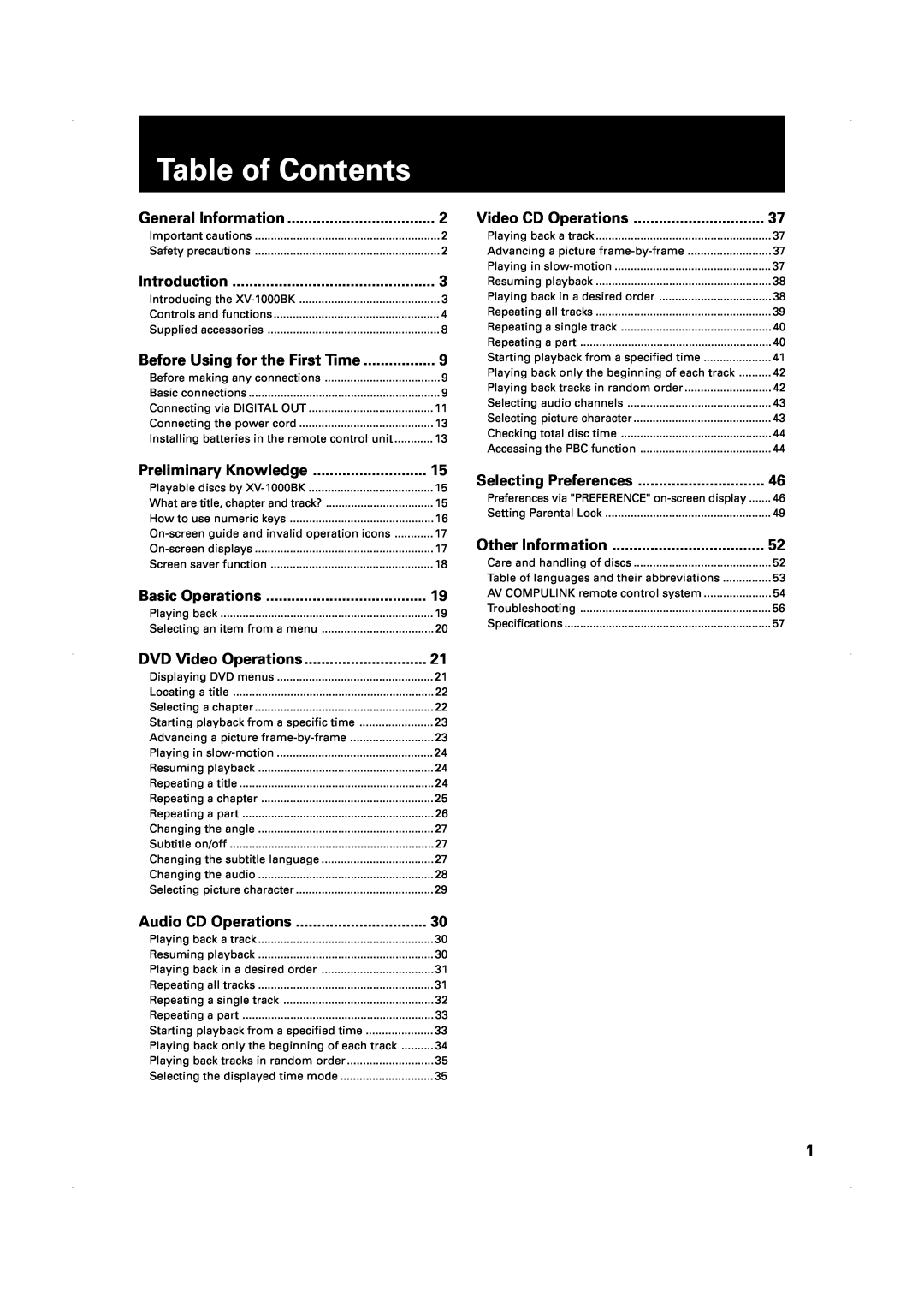 JVC XV-1000BK manual Table of Contents 