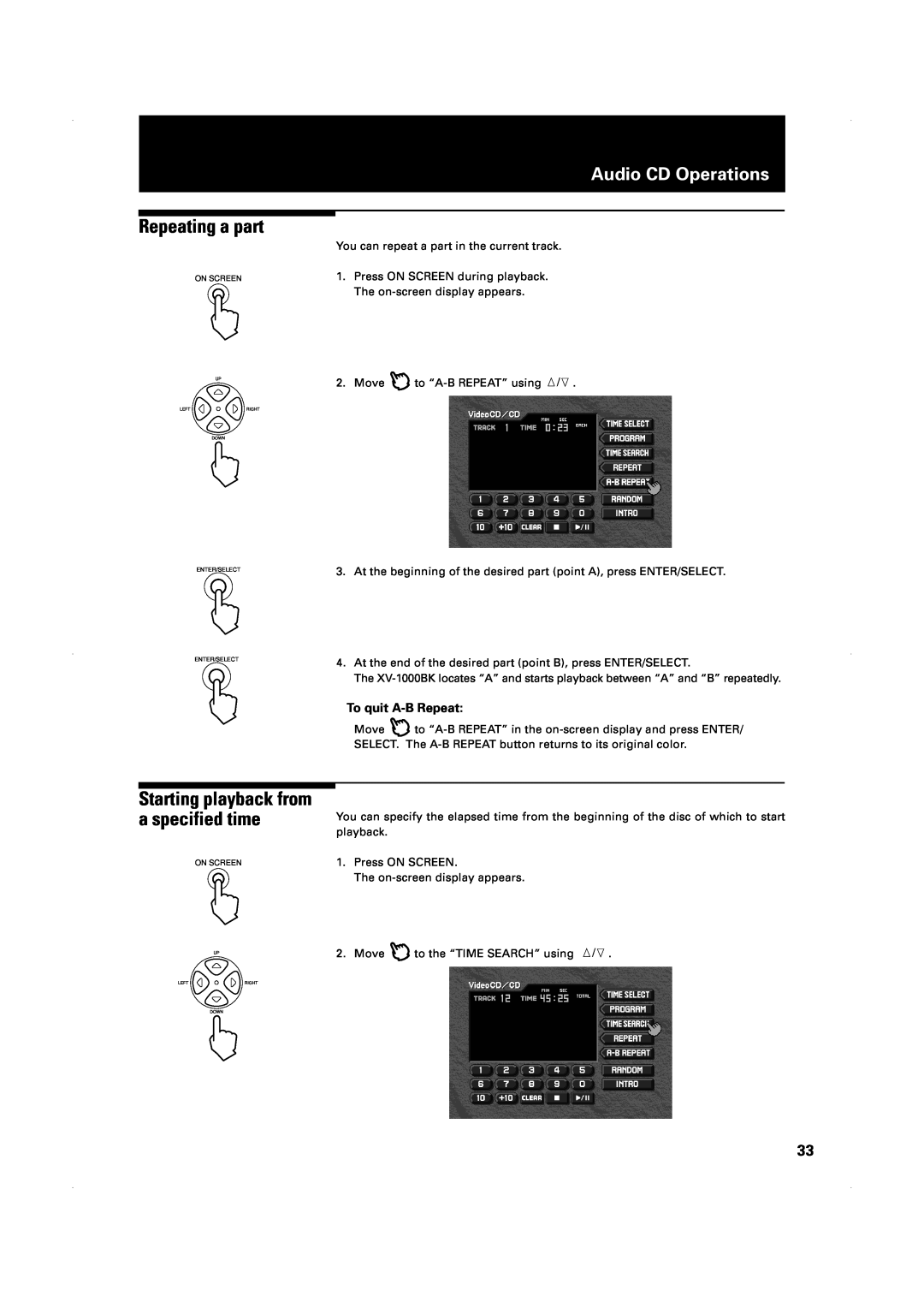 JVC XV-1000BK manual Starting playback from a specified time, Repeating a part, Audio CD Operations 