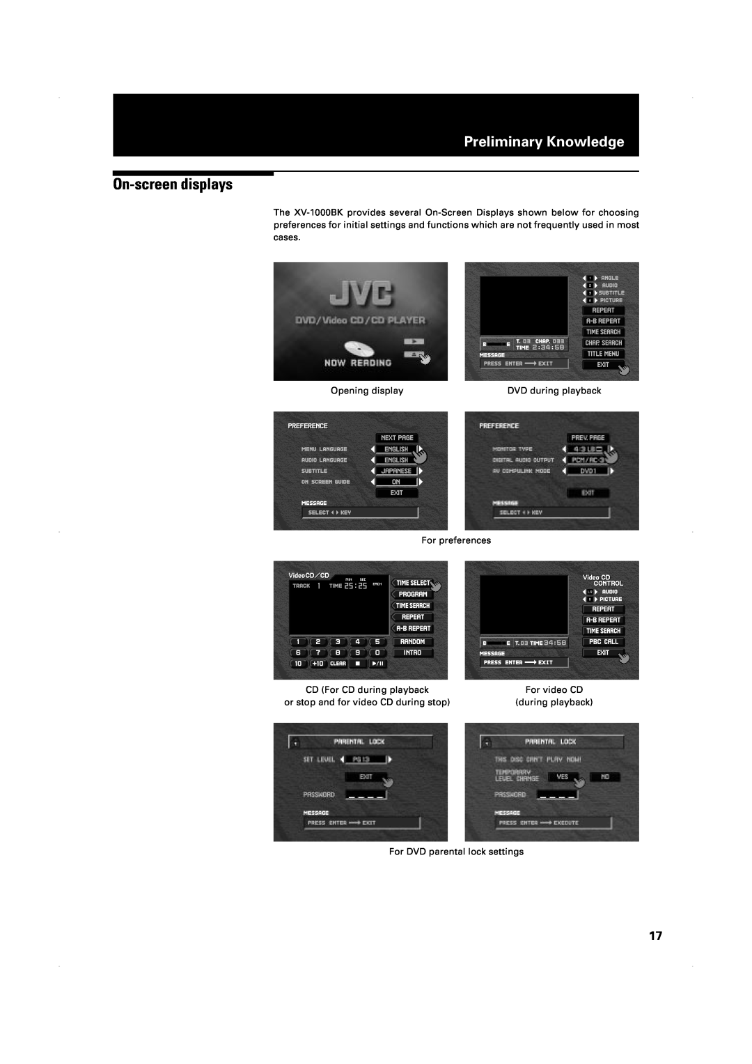 JVC XV-1000BK manual On-screendisplays, Preliminary Knowledge, Opening display, DVD during playback, For preferences 