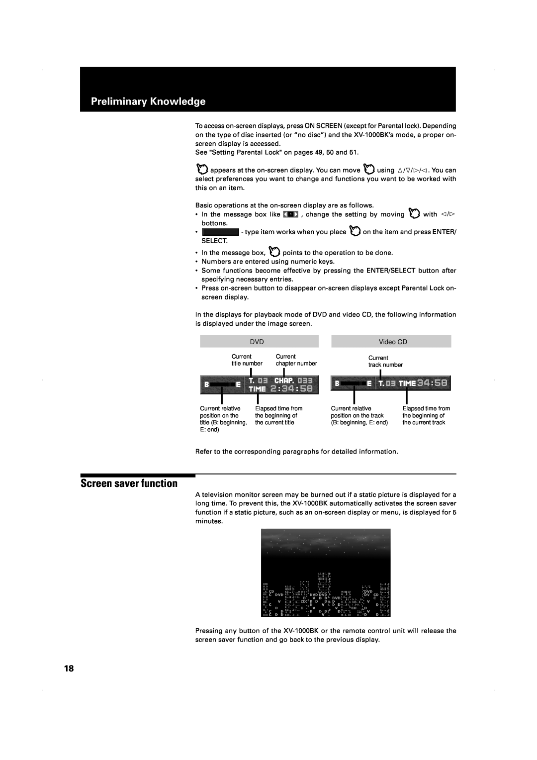 JVC XV-1000BK manual Screen saver function, Preliminary Knowledge 