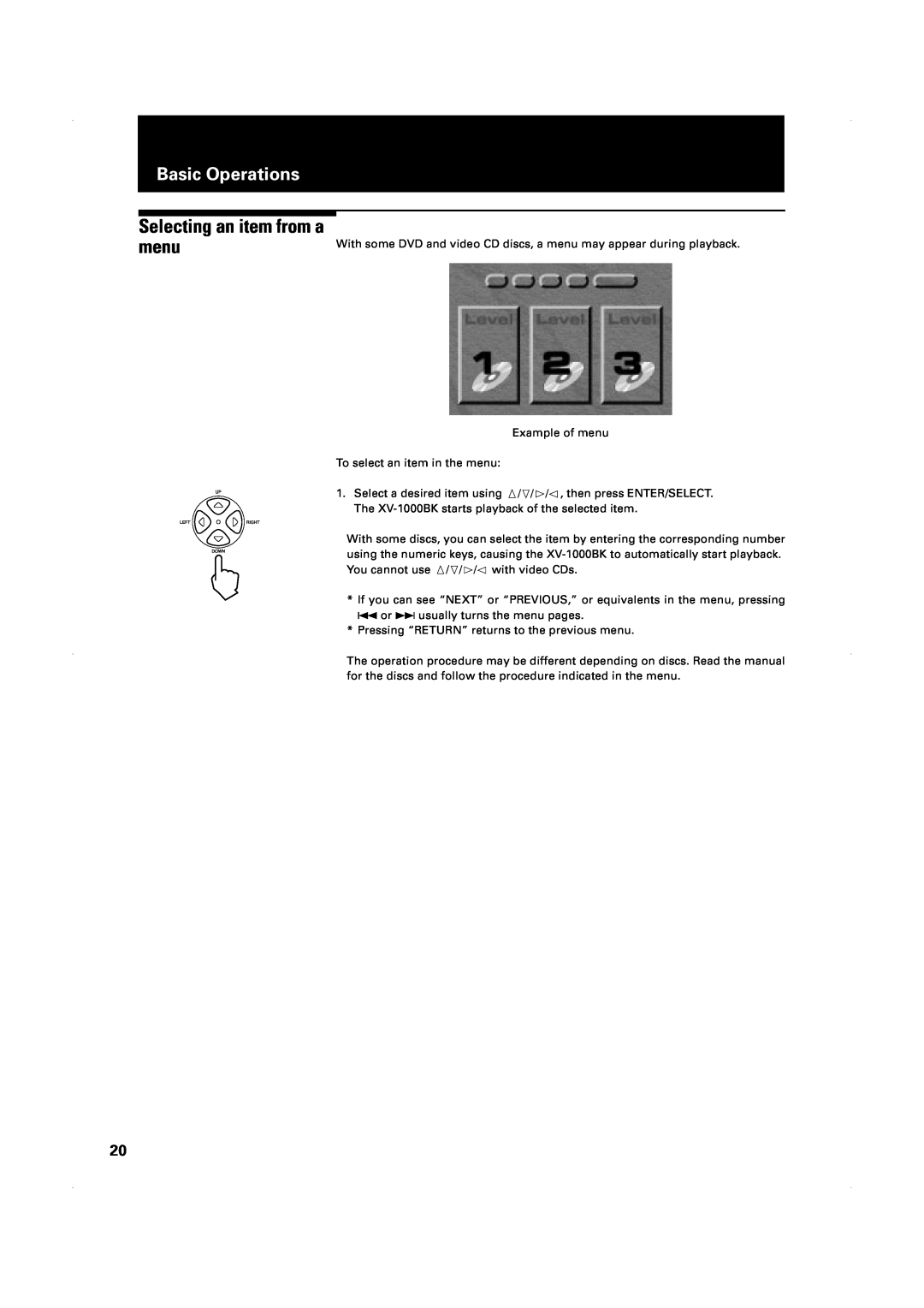 JVC XV-1000BK manual Selecting an item from a menu, Basic Operations 