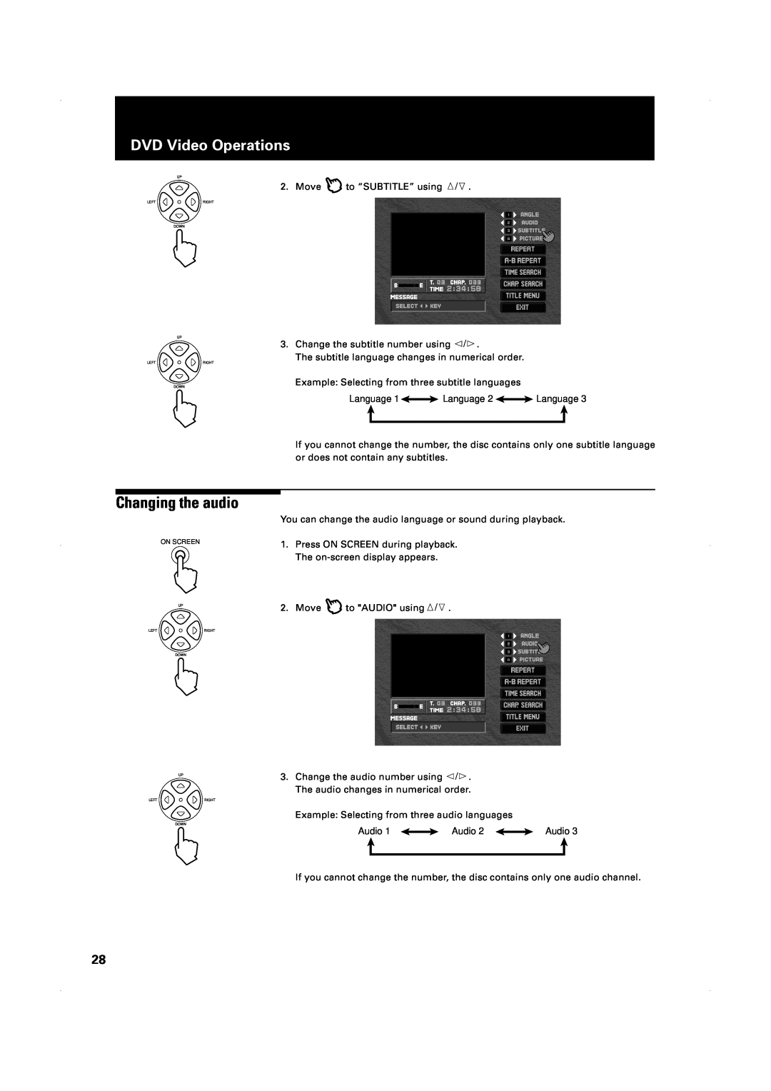 JVC XV-1000BK manual Changing the audio, DVD Video Operations 