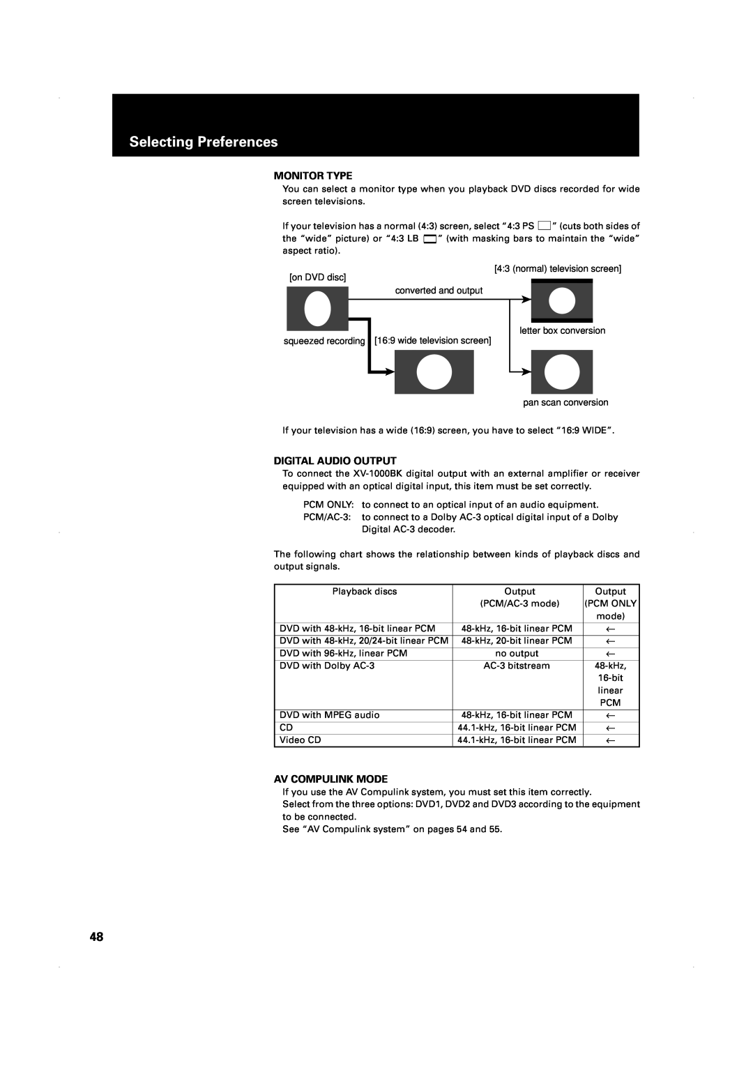 JVC XV-1000BK manual Selecting Preferences, Monitor Type, Digital Audio Output, Av Compulink Mode 