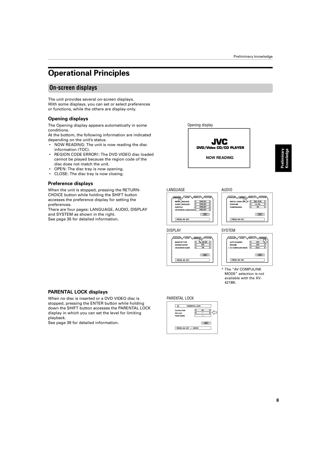 JVC XV-421BK Operational Principles, On-screen displays, Opening displays, Preference displays, Parental Lock displays 