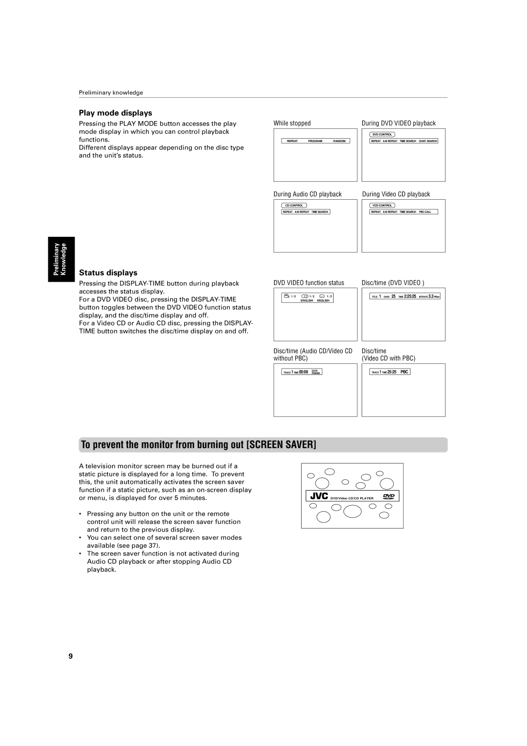 JVC XV-421BK manual To prevent the monitor from burning out Screen Saver, Play mode displays, Status displays 