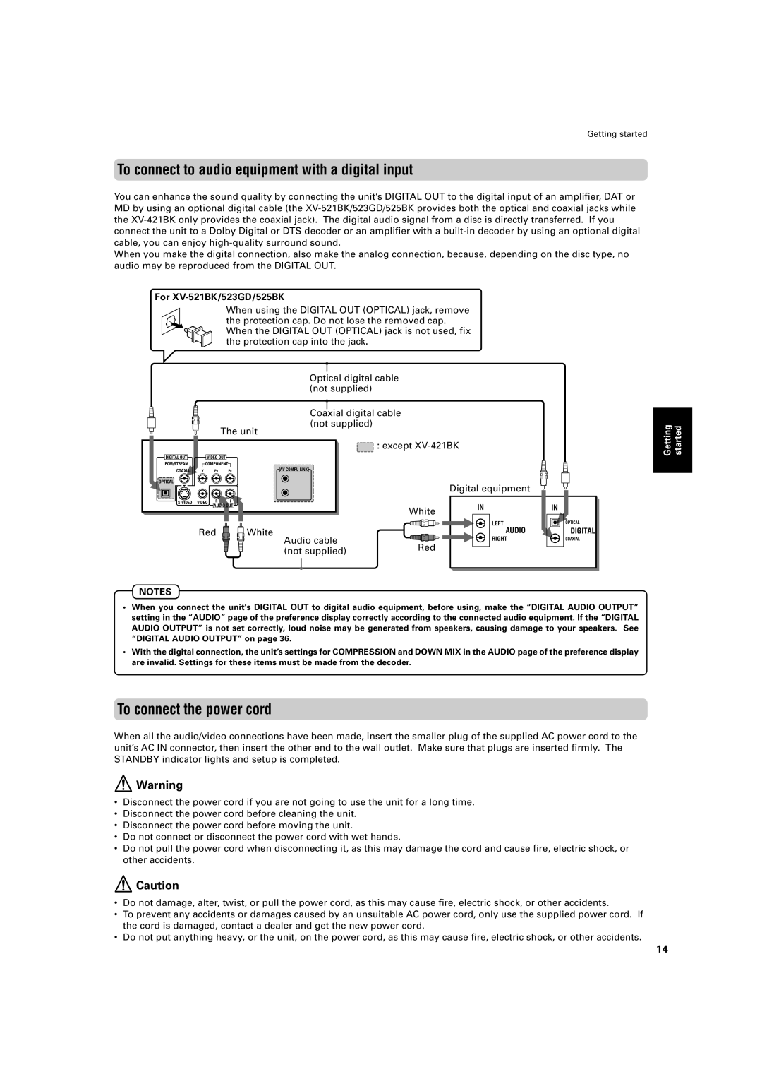 JVC XV-421BK manual To connect to audio equipment with a digital input, To connect the power cord, For XV-521BK/523GD/525BK 