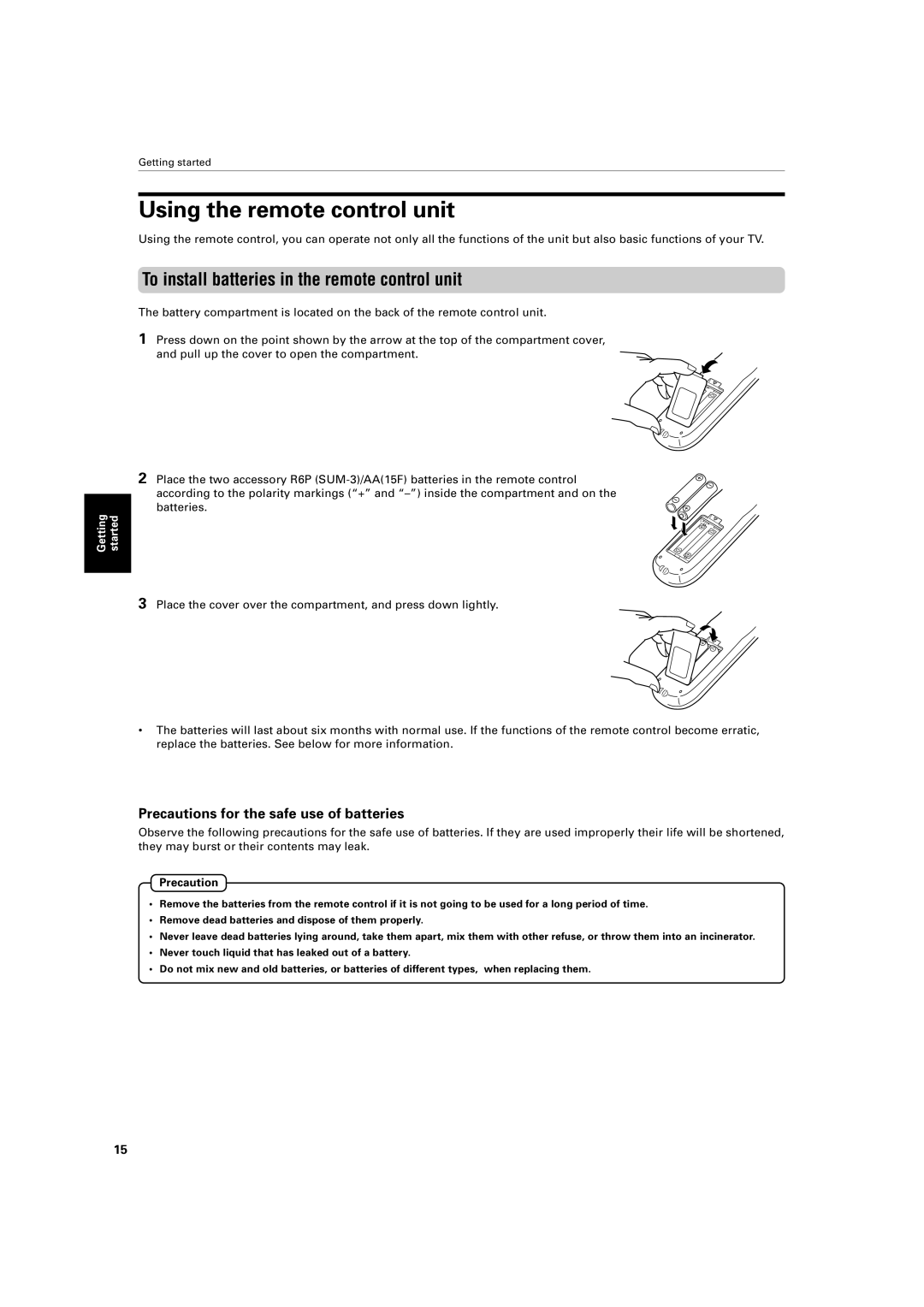 JVC XV-421BK manual Using the remote control unit, To install batteries in the remote control unit, Precaution 