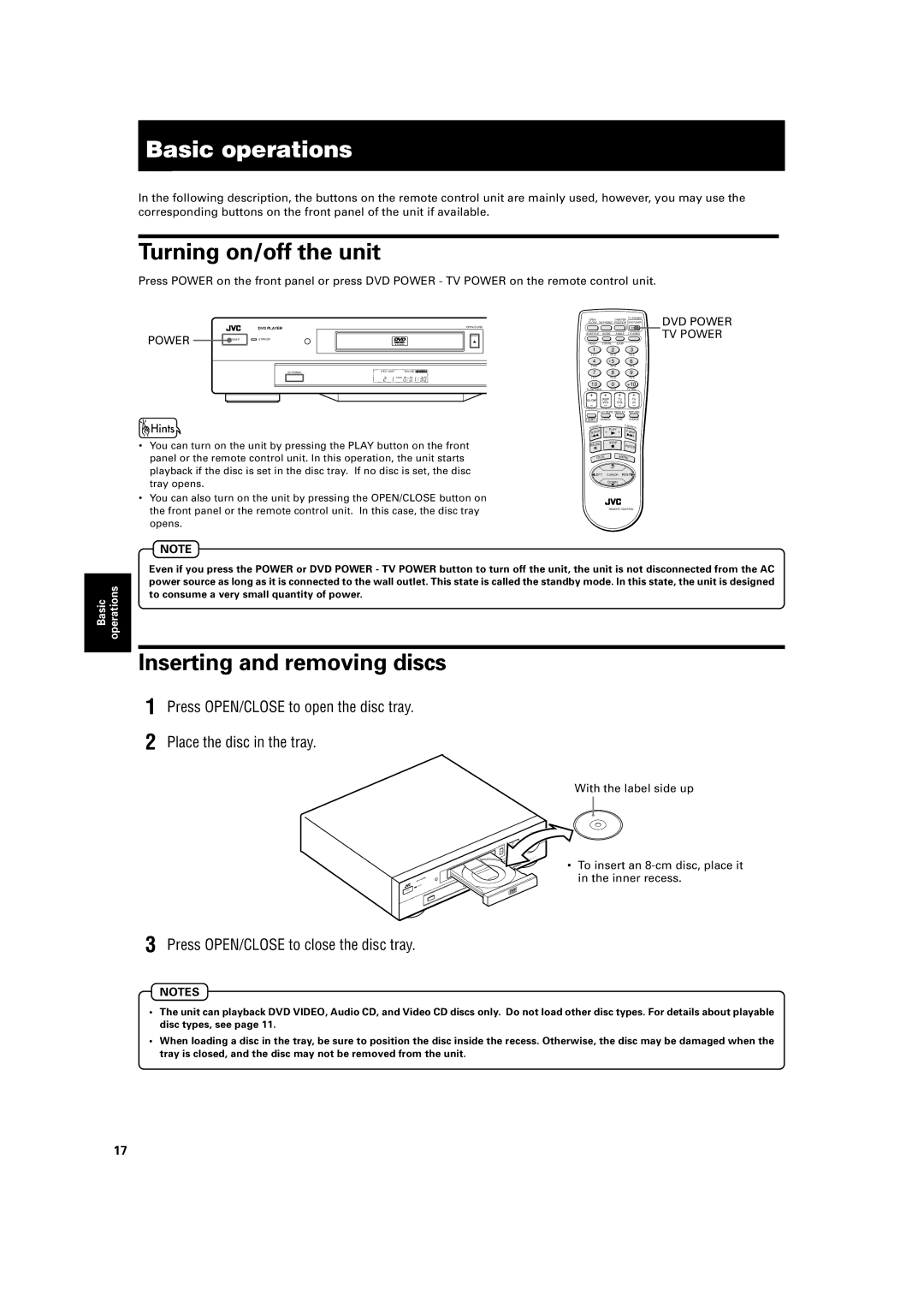 JVC XV-421BK manual Basic operations, Turning on/off the unit, Inserting and removing discs 