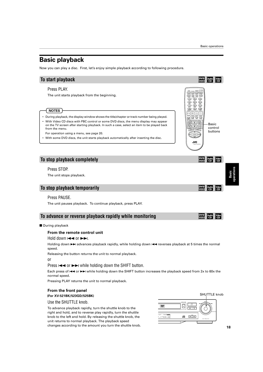 JVC XV-421BK manual Basic playback, To start playback, To stop playback completely, To stop playback temporarily 