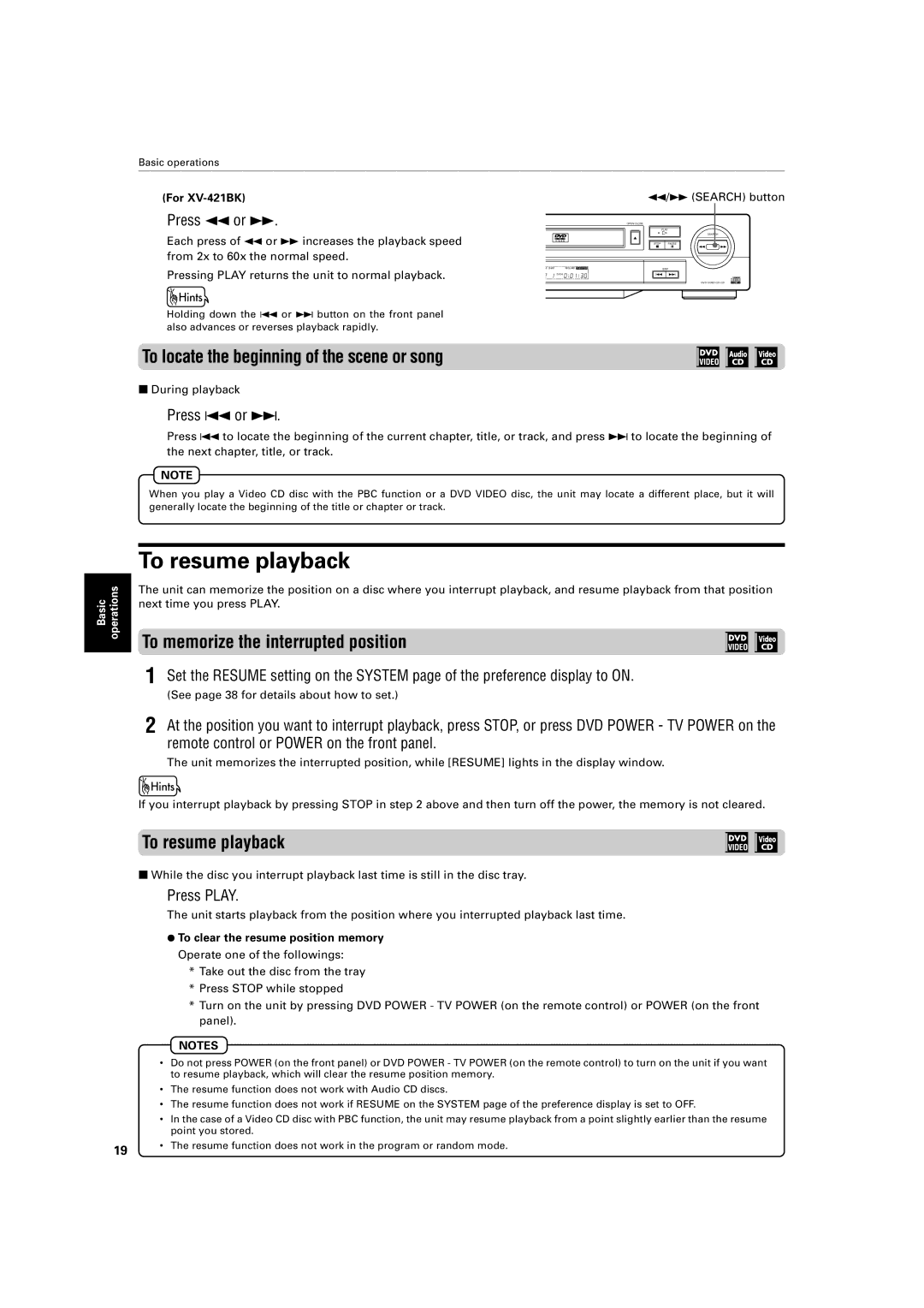 JVC XV-421BK manual To resume playback, To locate the beginning of the scene or song, To memorize the interrupted position 