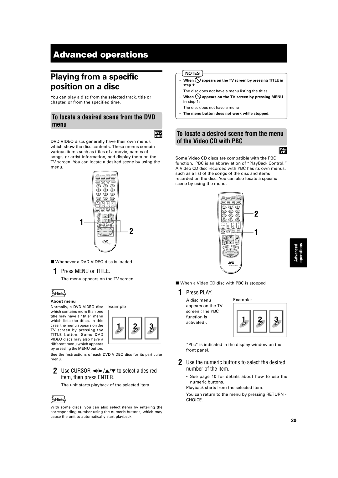 JVC XV-421BK manual Advanced operations, To locate a desired scene from the DVD menu, Press Menu or Title, About menu 