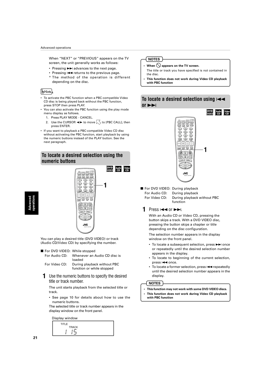 JVC XV-421BK manual To locate a desired selection using the numeric buttons, To locate a desired selection using 4 or ¢ 