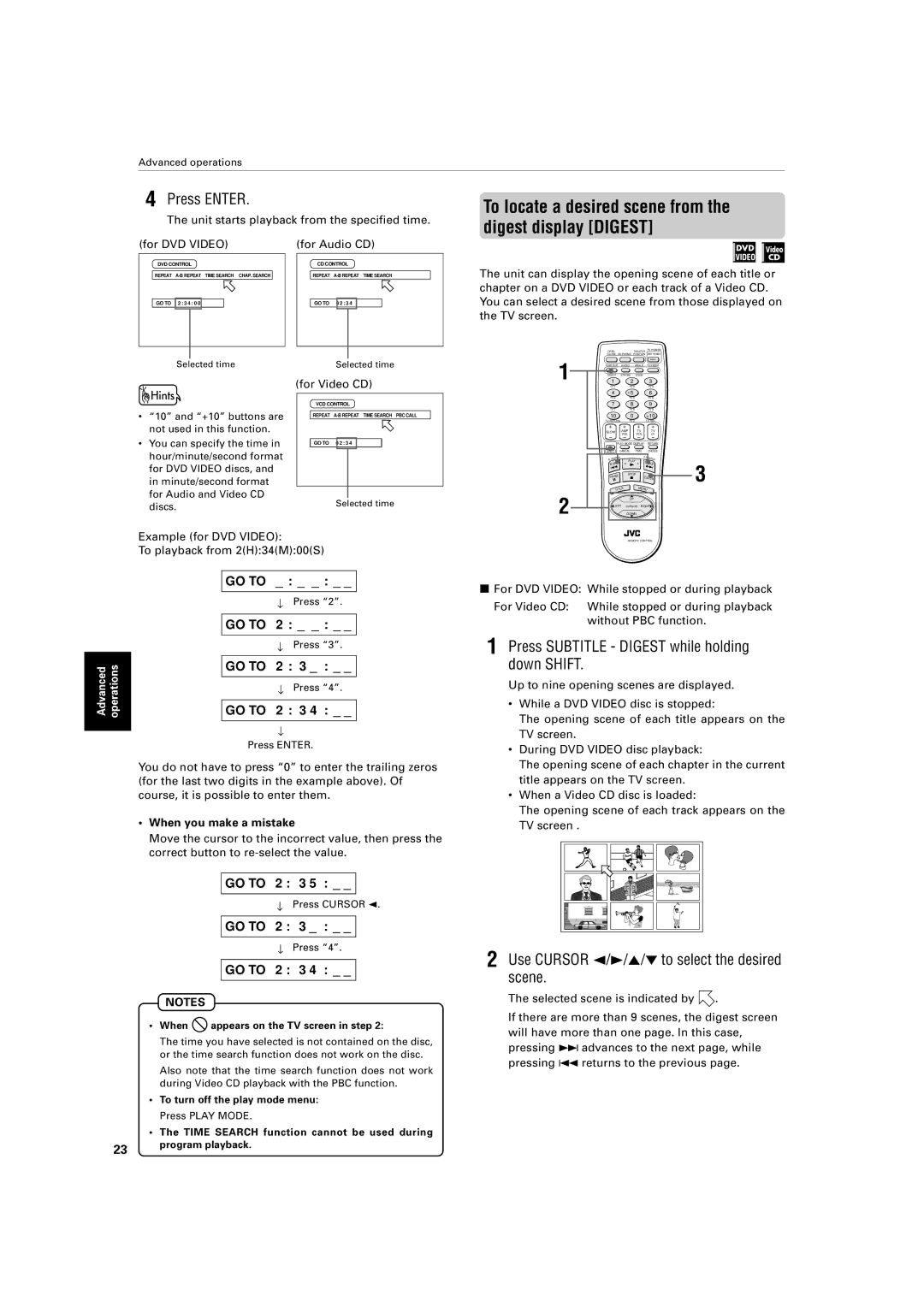 JVC XV-421BK manual Press Subtitle Digest while holding down Shift, Use Cursor 2/3/5/to select the desired scene 