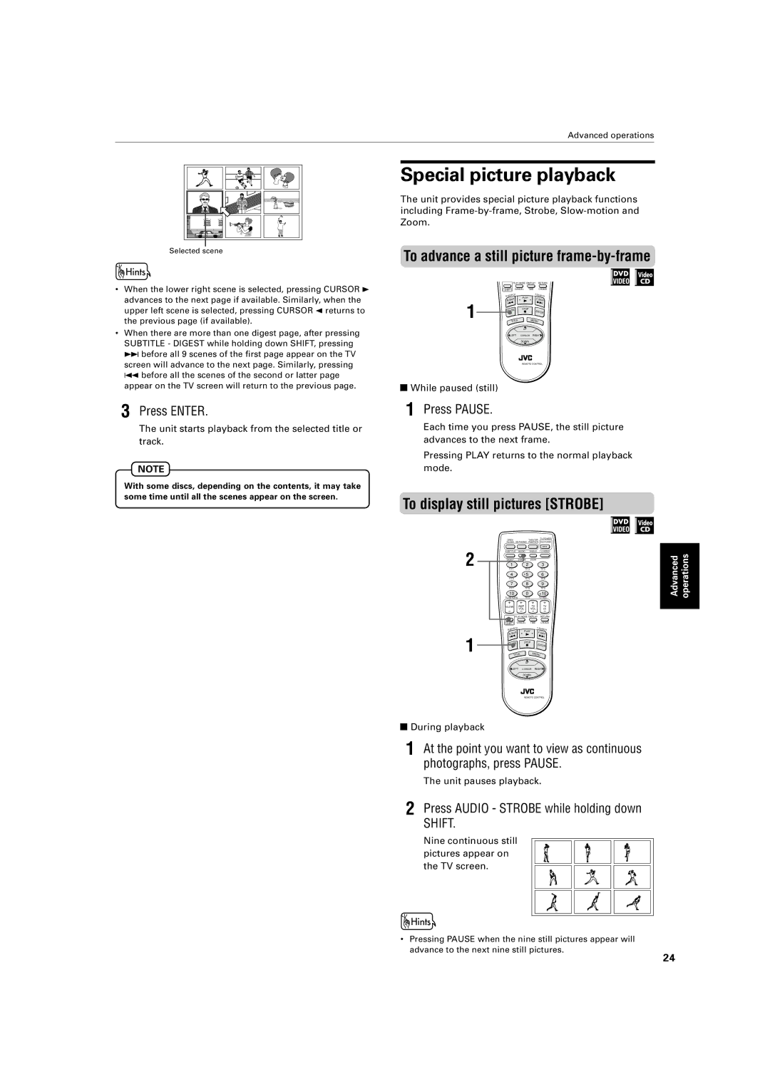 JVC XV-421BK manual Special picture playback, To display still pictures Strobe, Press Audio Strobe while holding down 