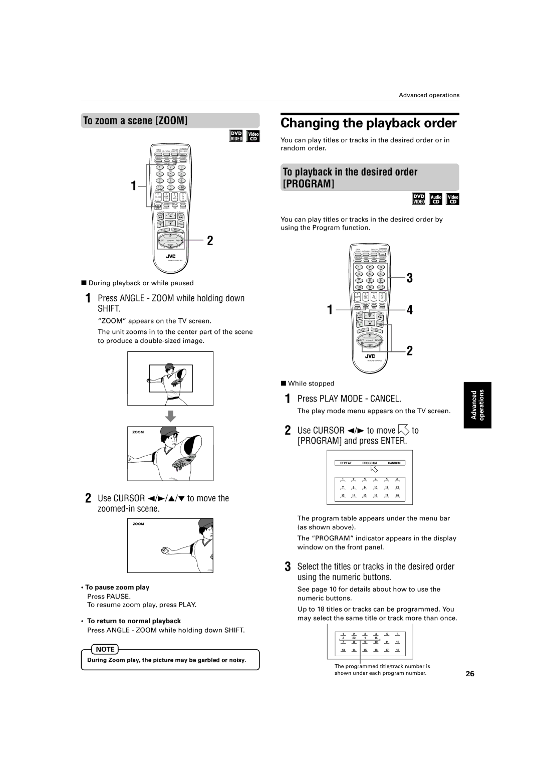 JVC XV-421BK manual Changing the playback order, To zoom a scene Zoom, To playback in the desired order Program 