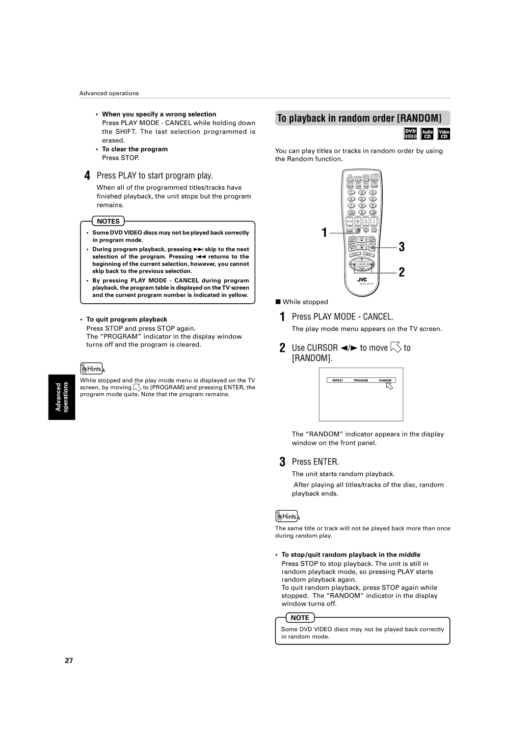 JVC XV-421BK manual To playback in random order Random, Press Play to start program play, Use Cursor 2/3 to move to Random 