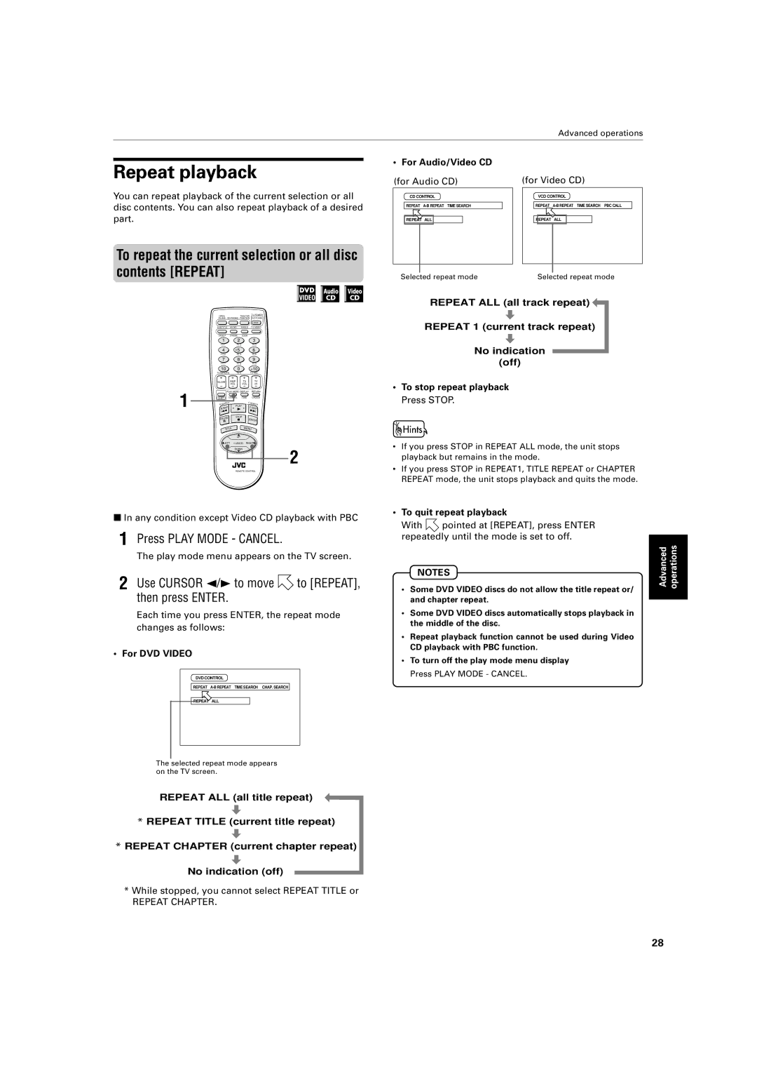 JVC XV-421BK manual Repeat playback, To repeat the current selection or all disc contents Repeat 