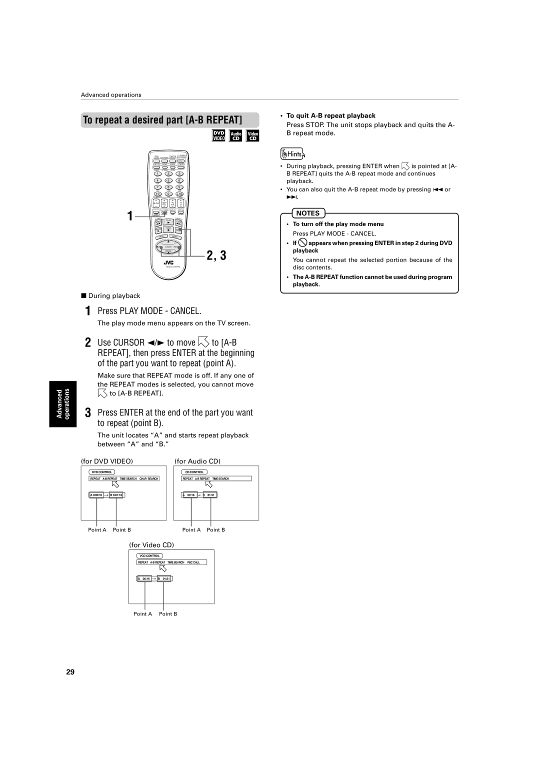 JVC XV-421BK manual To repeat a desired part A-B Repeat, To A-B Repeat, Unit locates a and starts repeat playback 