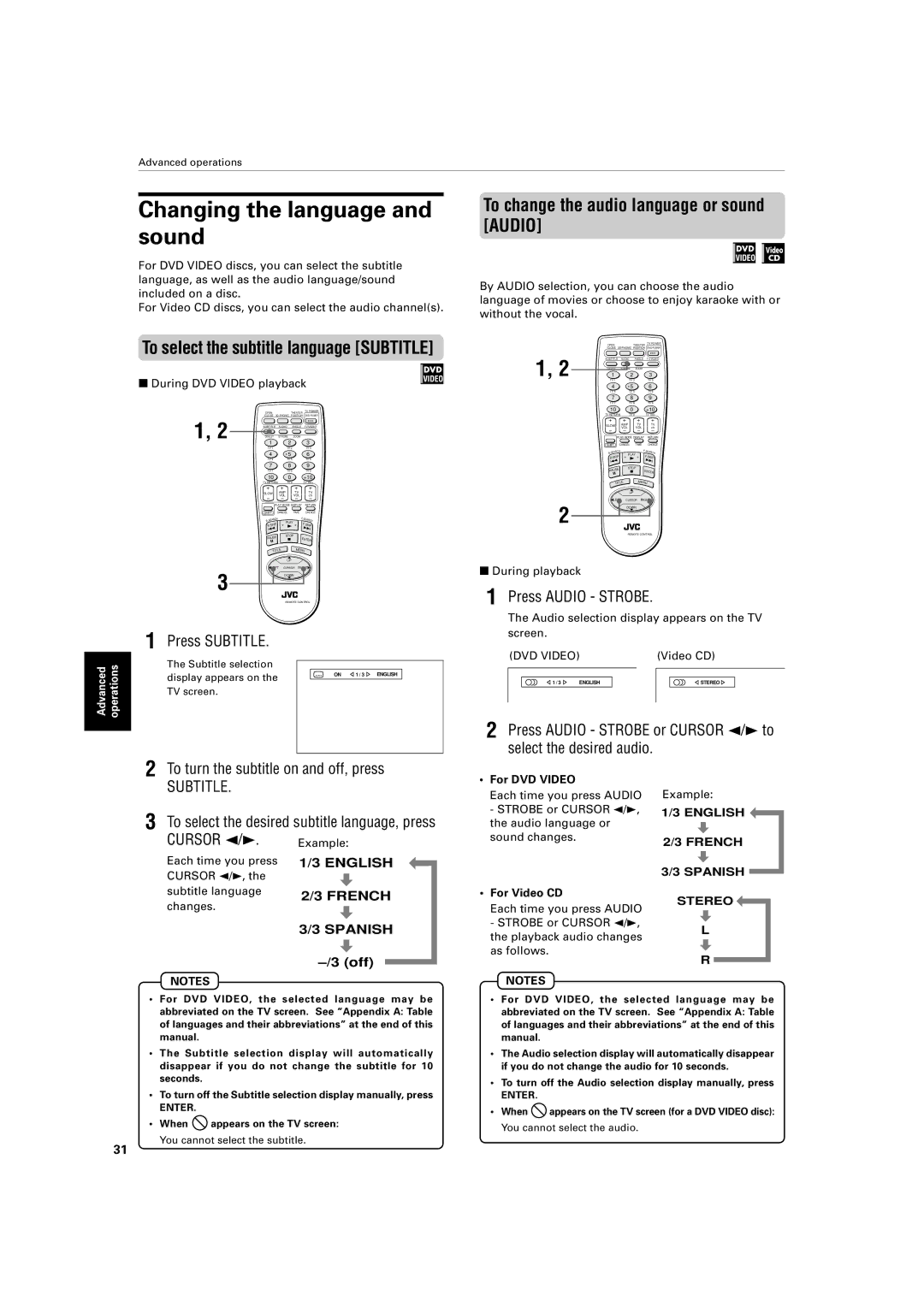 JVC XV-421BK manual Changing the language and sound, To change the audio language or sound Audio, Press Audio Strobe 