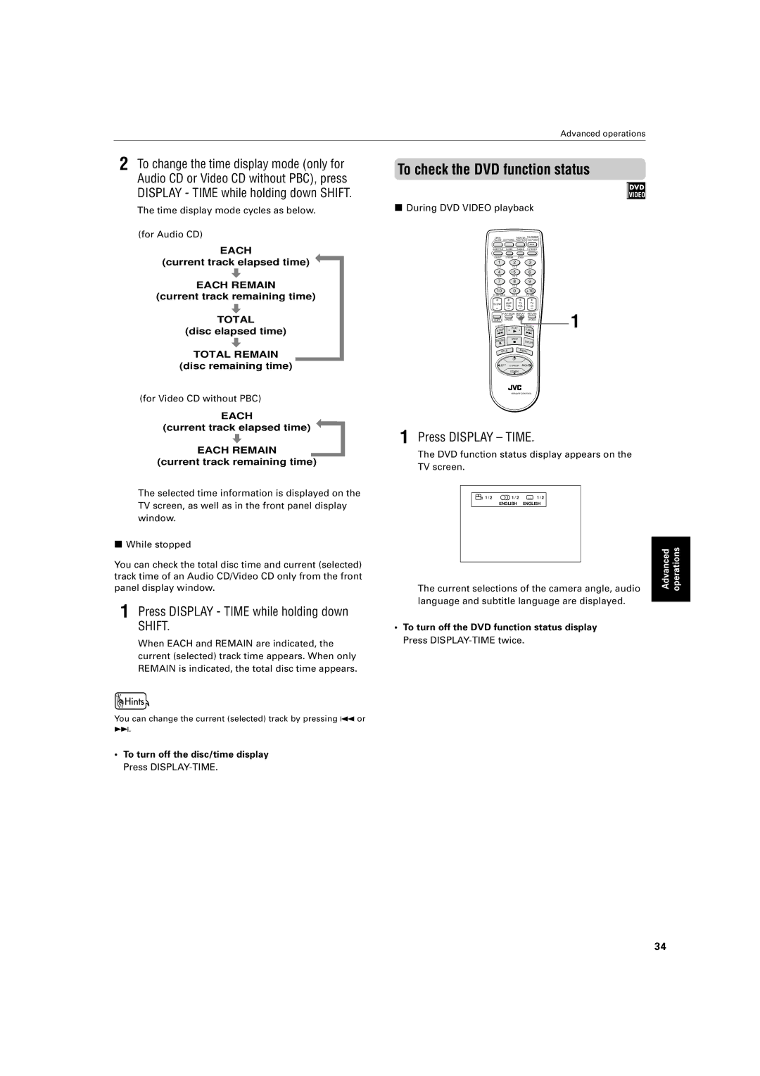 JVC XV-421BK manual To check the DVD function status, Press Display Time while holding down 