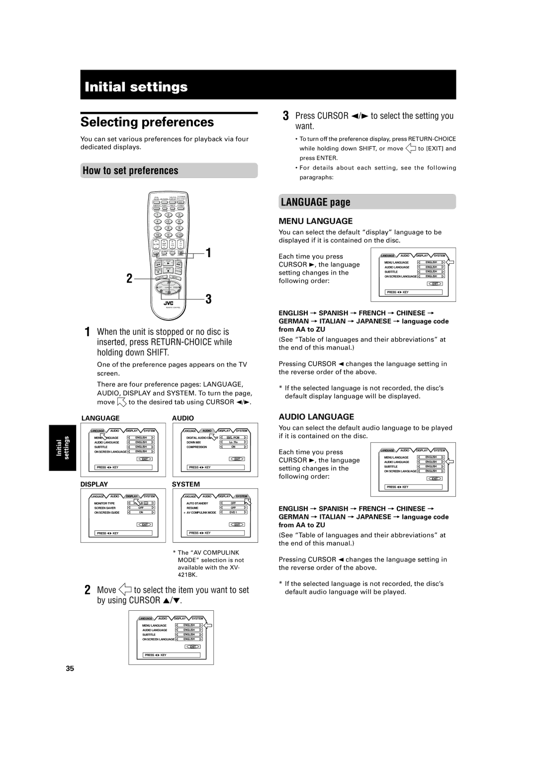 JVC XV-421BK manual Initial settings, Selecting preferences, How to set preferences, Language 