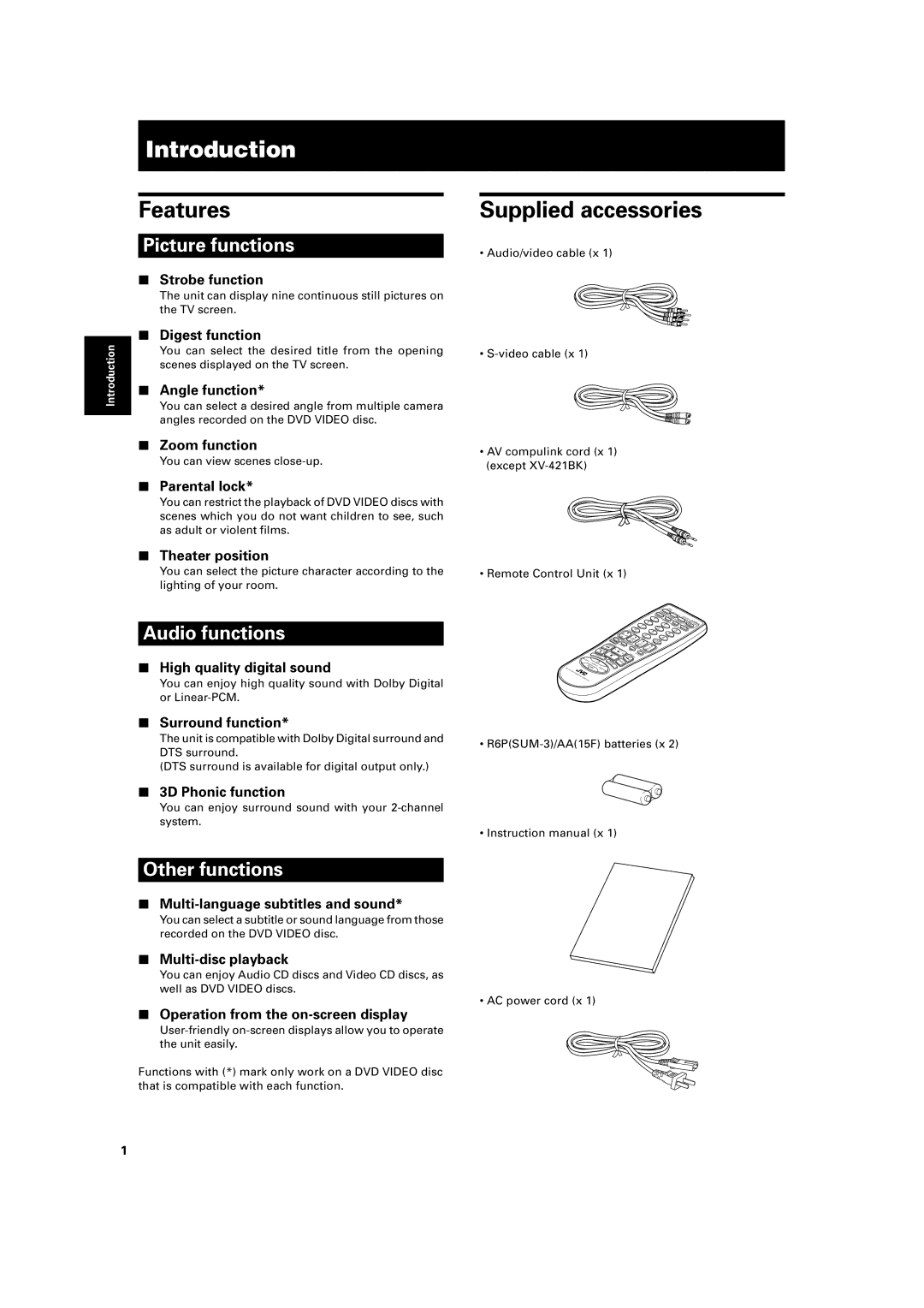 JVC XV-421BK manual Introduction, Features, Supplied accessories 