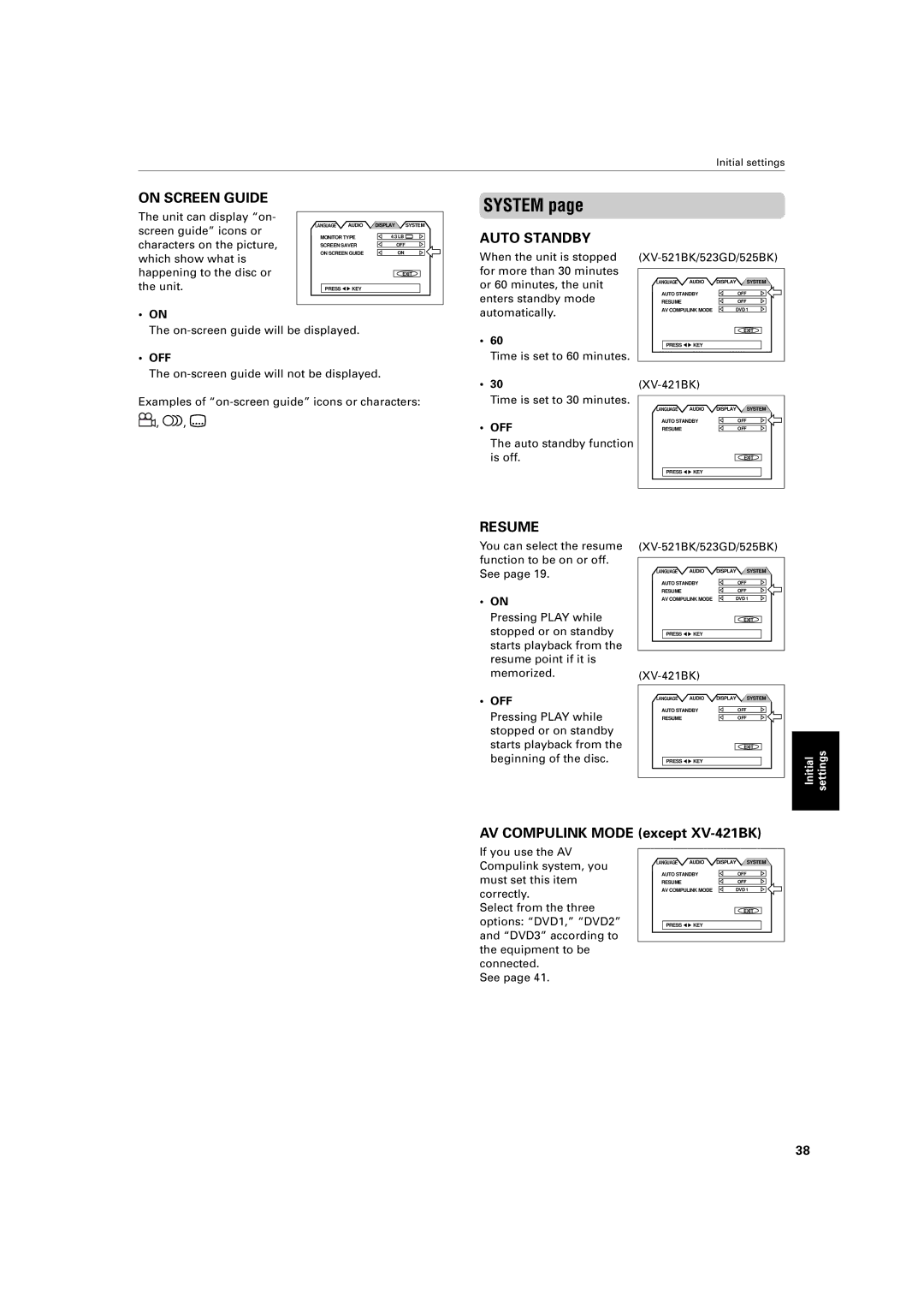 JVC manual System, AV Compulink Mode except XV-421BK, XV-521BK/523GD/525BK 