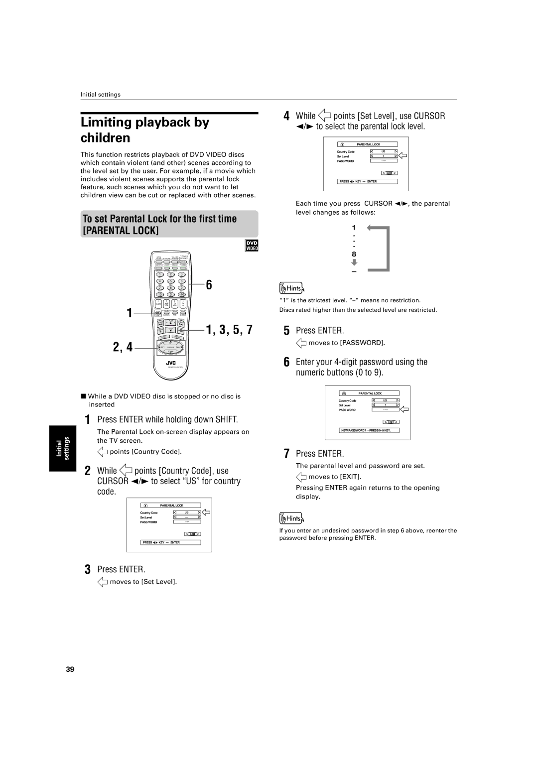 JVC XV-421BK manual Limiting playback by children, To set Parental Lock for the first time, Points Country Code, use 