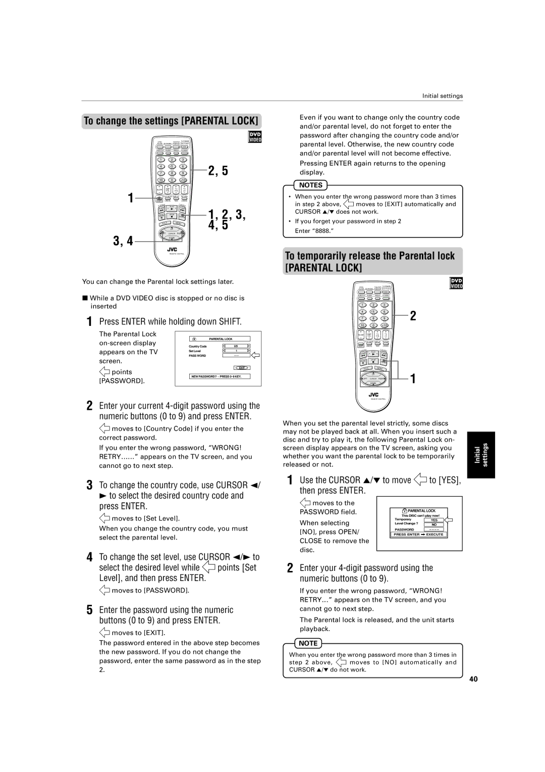 JVC XV-421BK manual To temporarily release the Parental lock, Press Enter while holding down Shift 