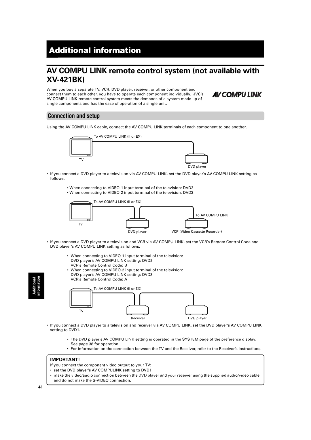 JVC XV-421BK manual Additional information, Connection and setup 