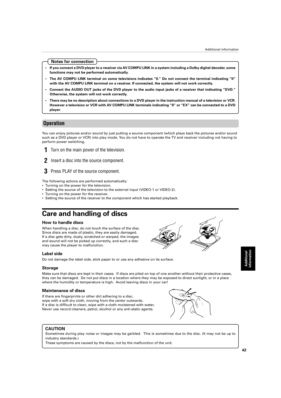 JVC XV-421BK manual Care and handling of discs, Operation 