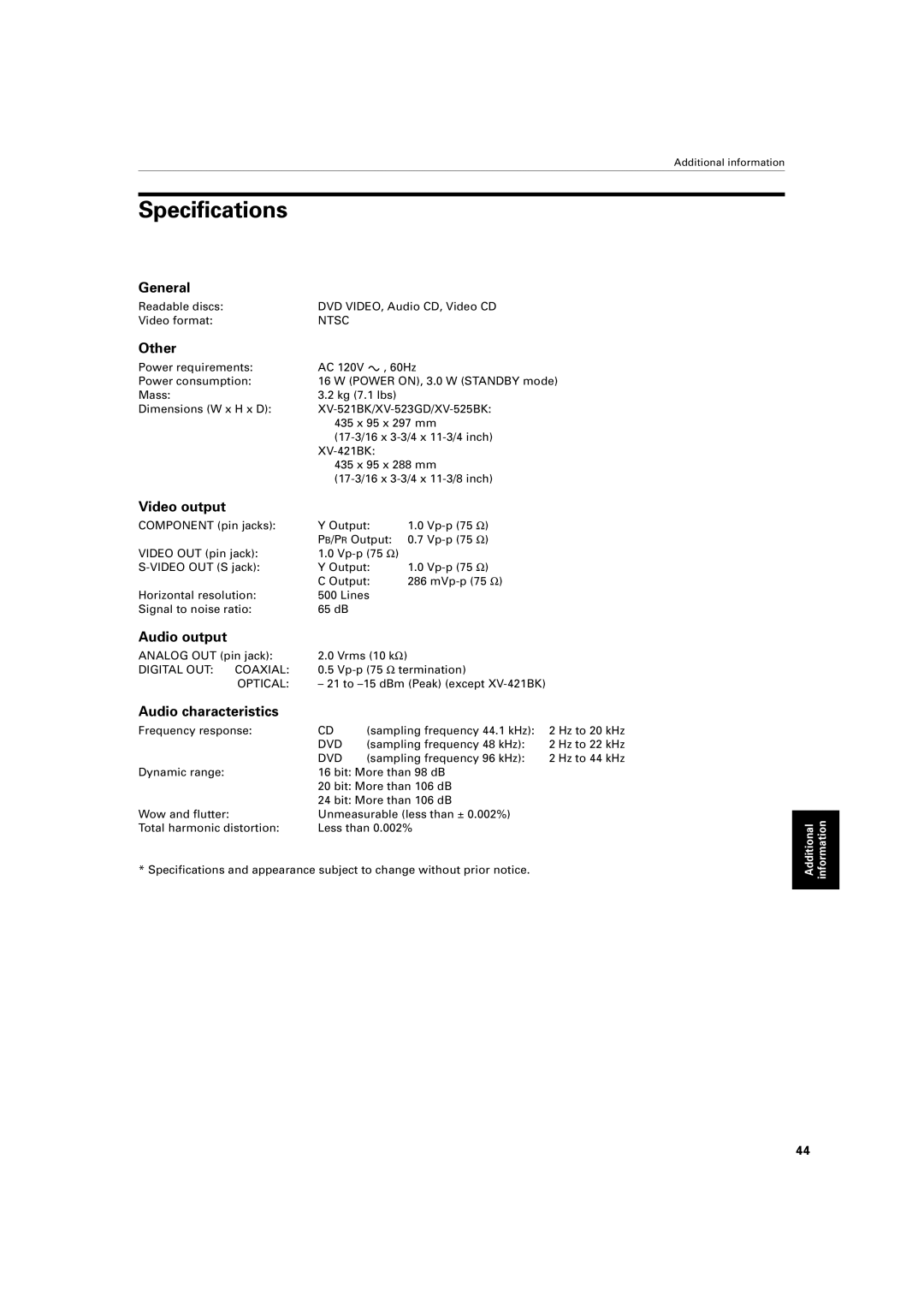 JVC XV-421BK manual Specifications 