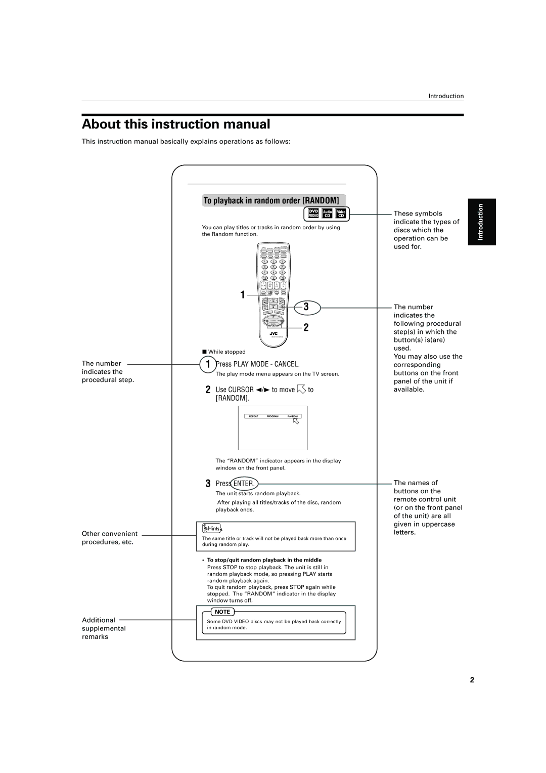 JVC XV-421BK manual To playback in random order Random 