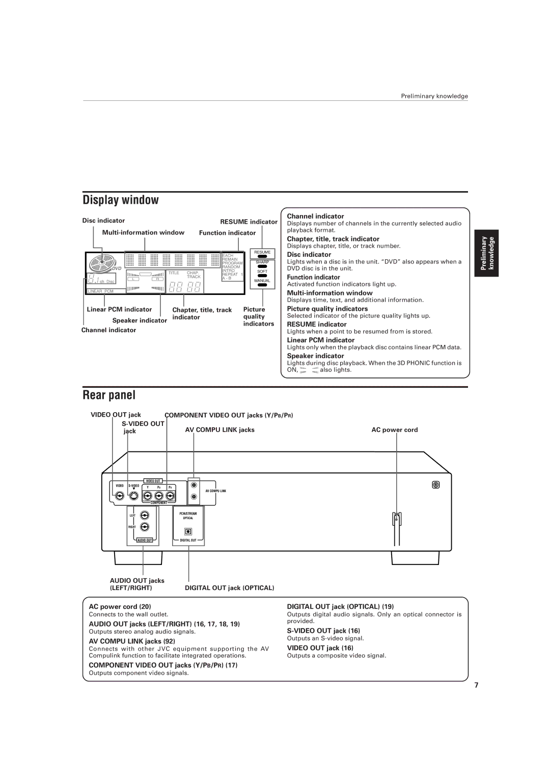 JVC XV-501BK manual Display window, Rear panel 