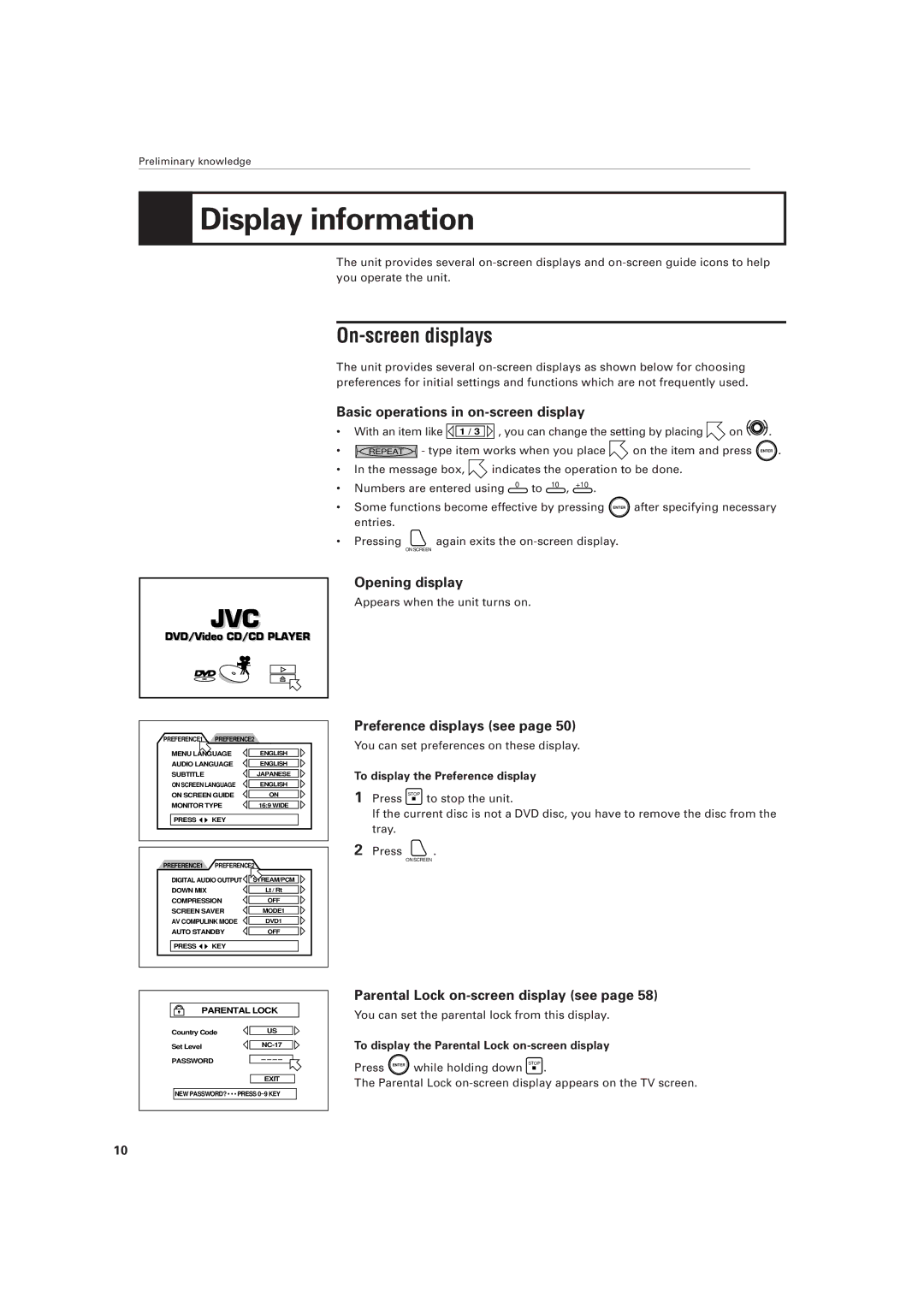 JVC XV-501BK manual Display information, On-screen displays 