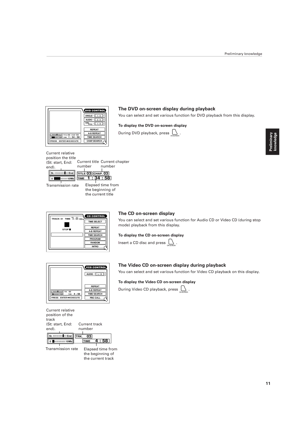 JVC XV-501BK manual DVD on-screen display during playback, Video CD on-screen display during playback 