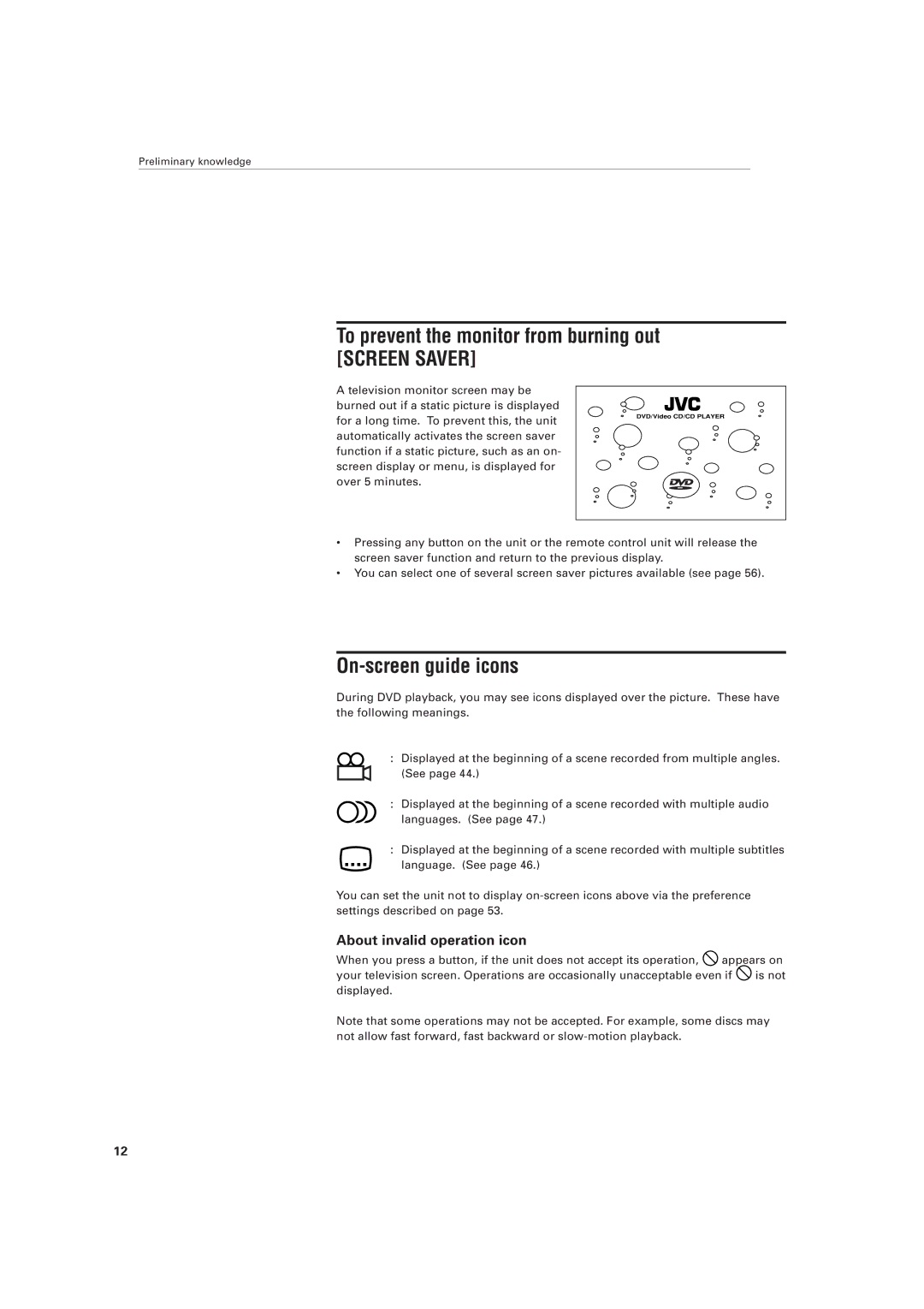 JVC XV-501BK manual To prevent the monitor from burning out, On-screen guide icons, About invalid operation icon 