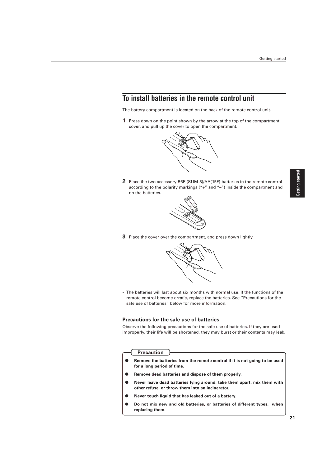 JVC XV-501BK manual To install batteries in the remote control unit, Precautions for the safe use of batteries 