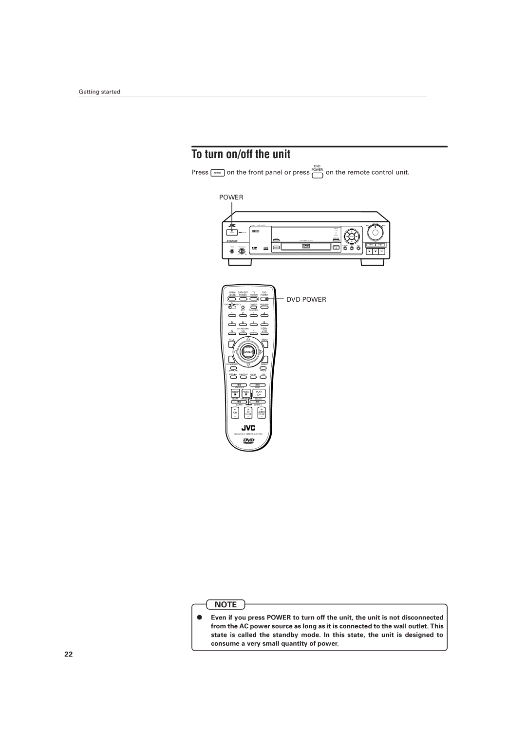 JVC XV-501BK manual To turn on/off the unit, Power 