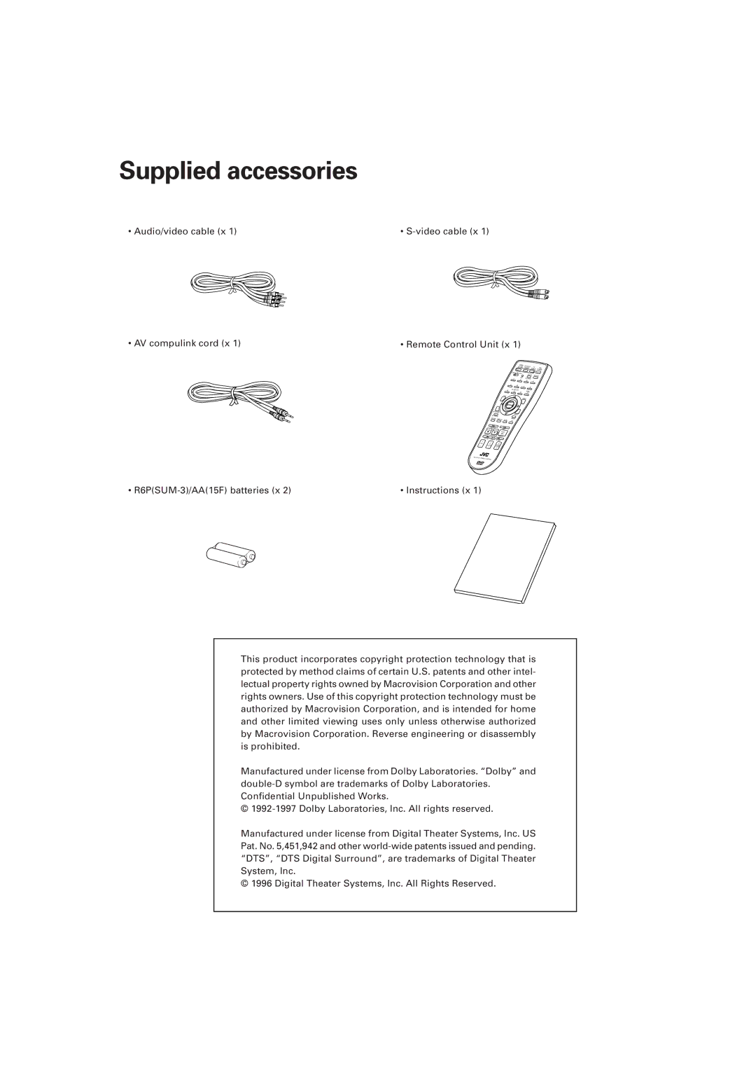 JVC XV-501BK manual Supplied accessories 