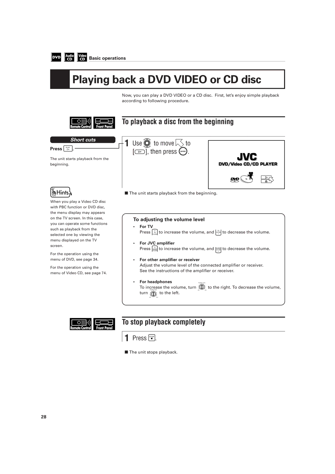 JVC XV-501BK manual Playing back a DVD Video or CD disc, To playback a disc from the beginning, To stop playback completely 